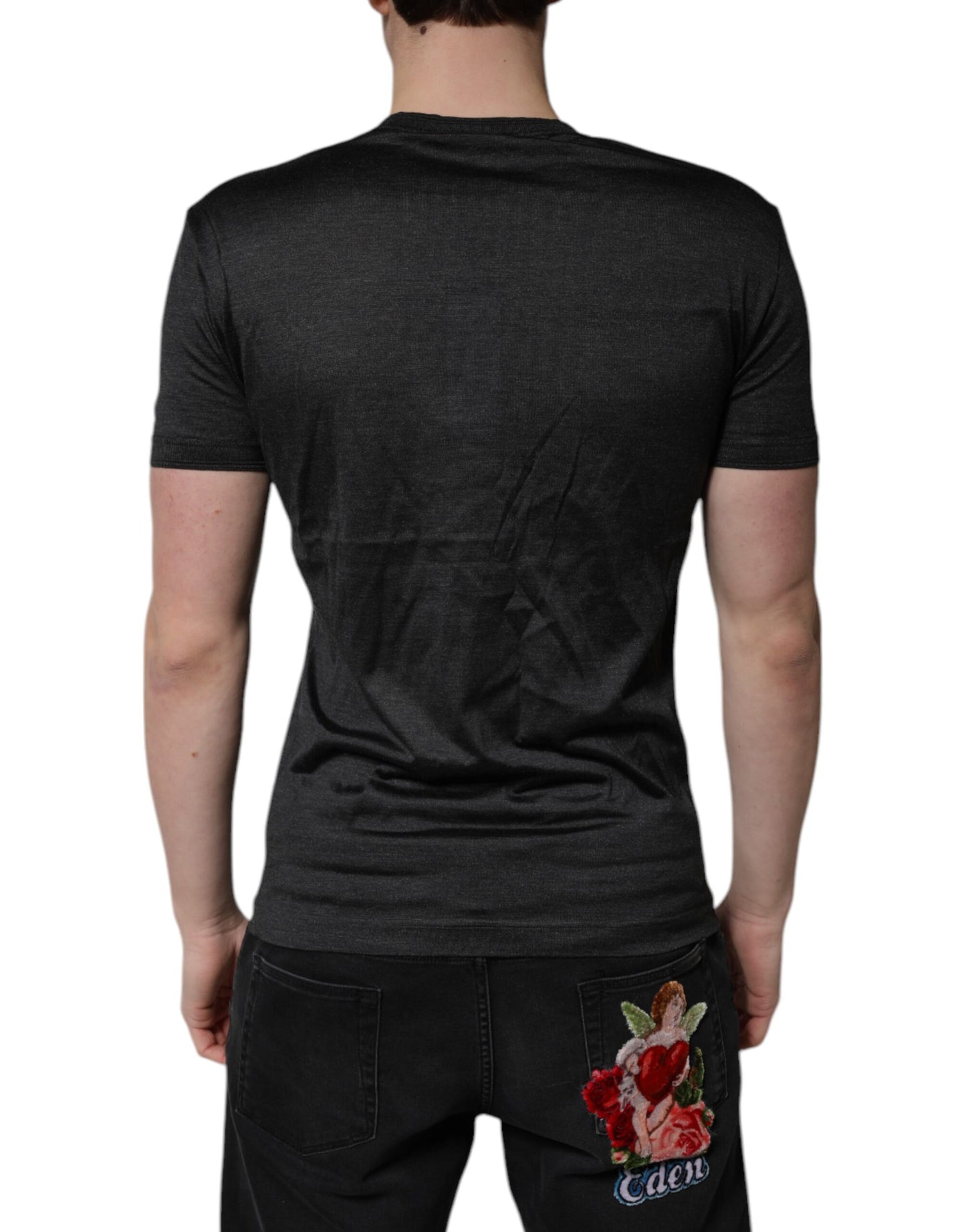 Dolce & Gabbana Dark Gray Silk V-neck Short Sleeves T-shirt Dolce & Gabbana