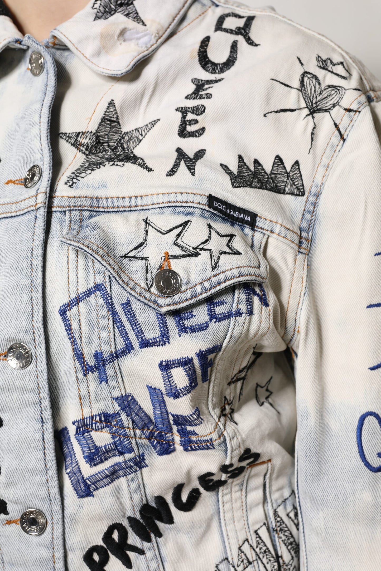 Dolce & Gabbana Light Blue Graffiti Button Down Denim Jacket Dolce & Gabbana