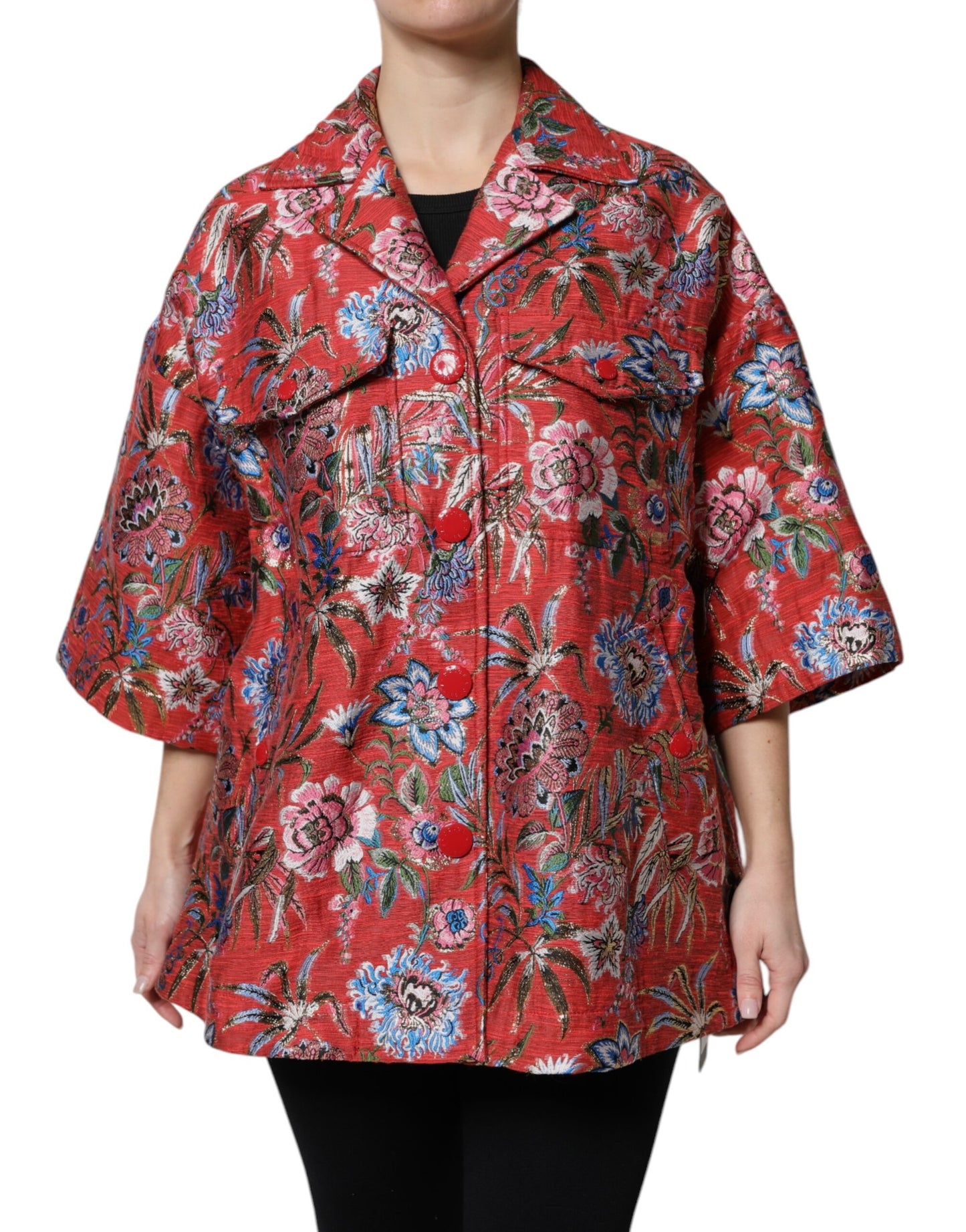 Dolce & Gabbana Red Floral Jacquard Button Down Coat Jacket Dolce & Gabbana