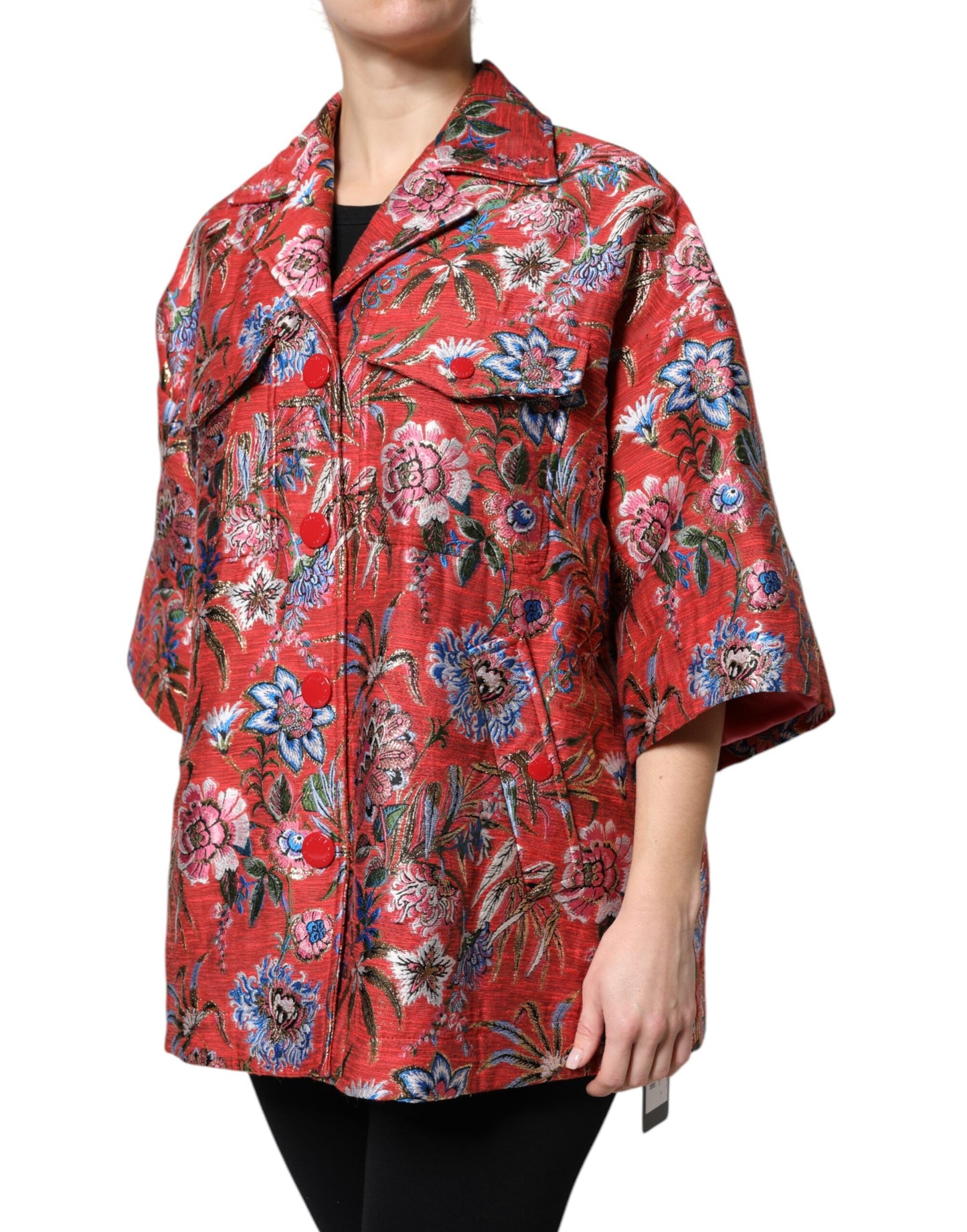 Dolce & Gabbana Red Floral Jacquard Button Down Coat Jacket Dolce & Gabbana