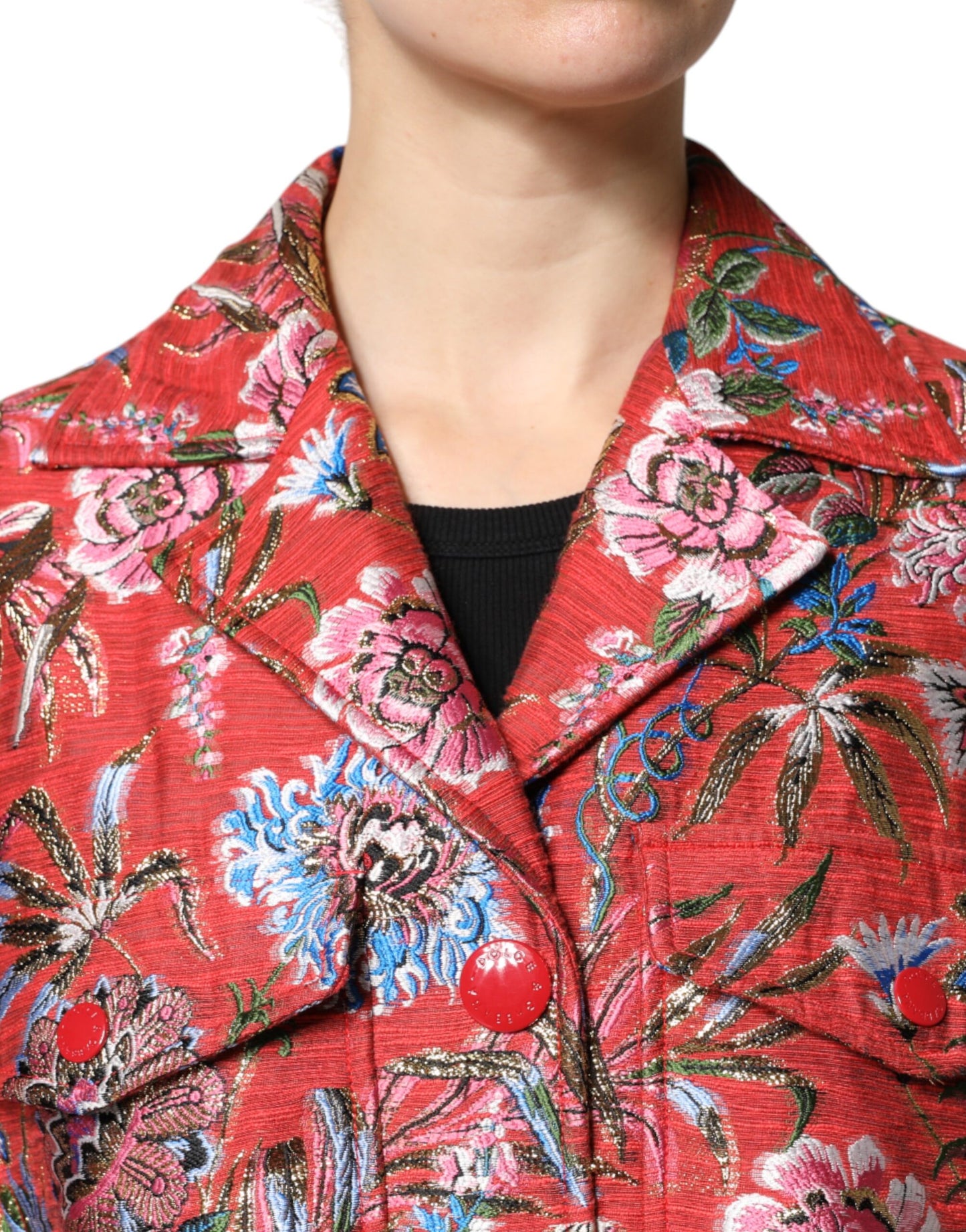 Dolce & Gabbana Red Floral Jacquard Button Down Coat Jacket Dolce & Gabbana