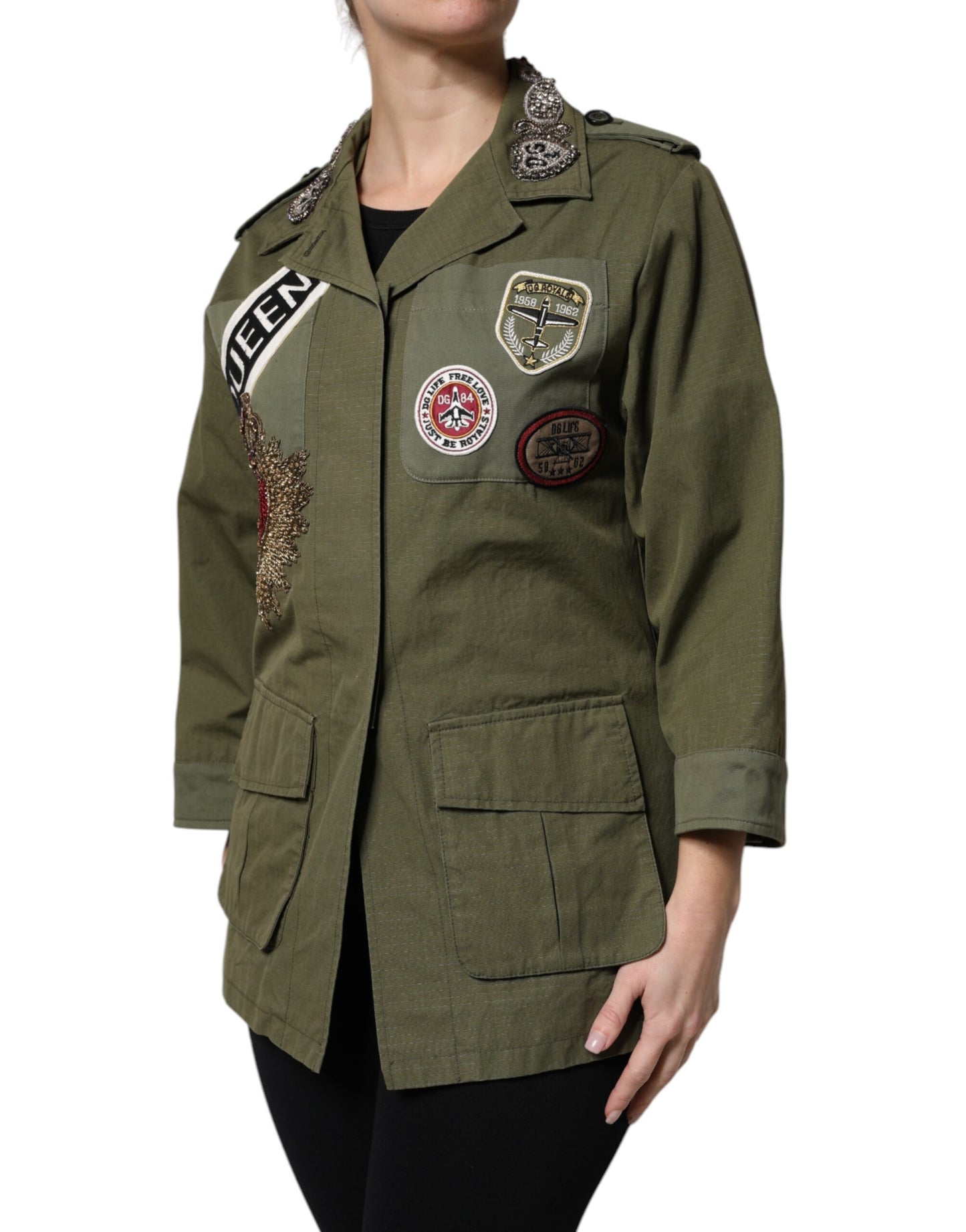 Dolce & Gabbana Military Green Queen Embellished Coat Jacket Dolce & Gabbana