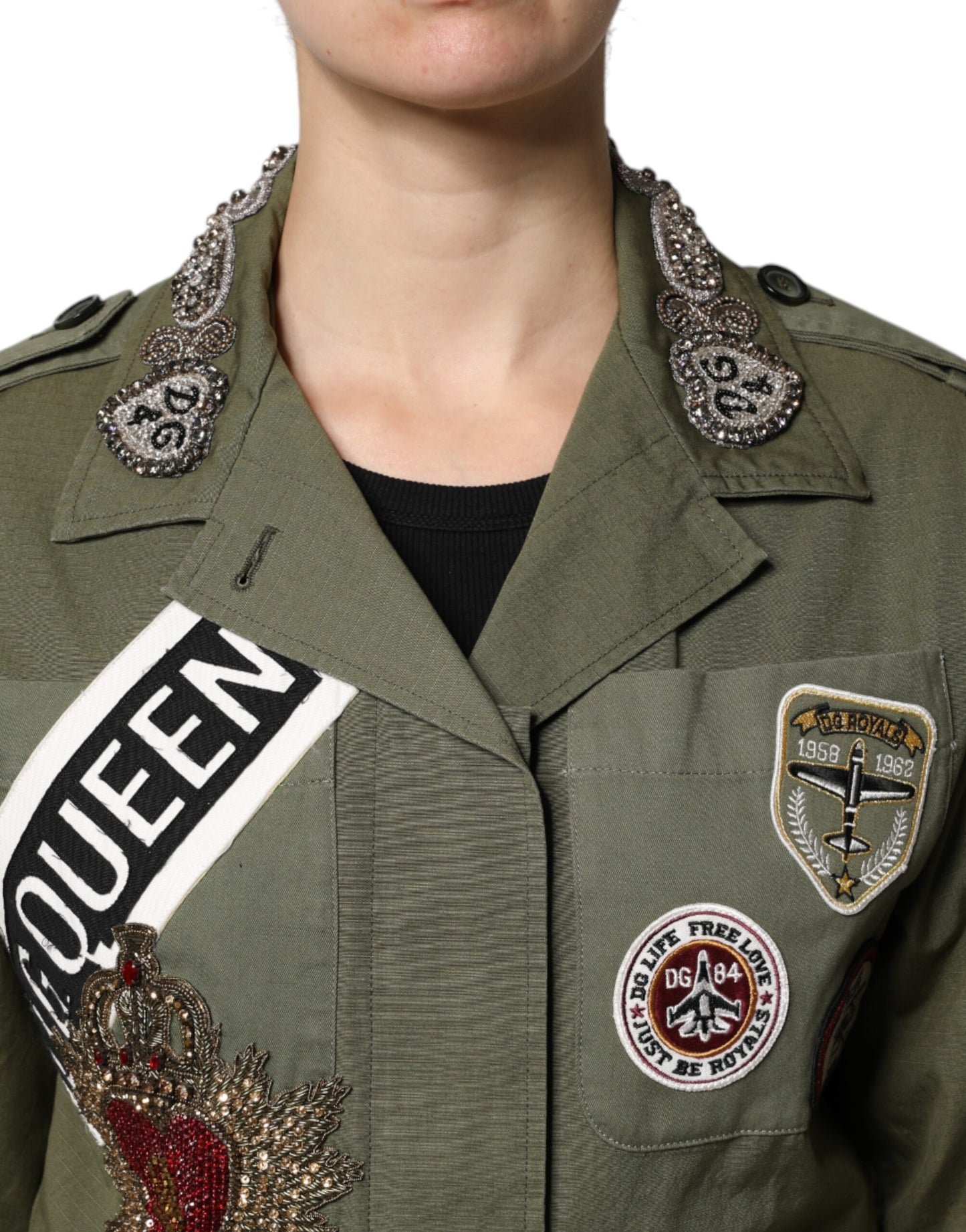 Dolce & Gabbana Military Green Queen Embellished Coat Jacket Dolce & Gabbana