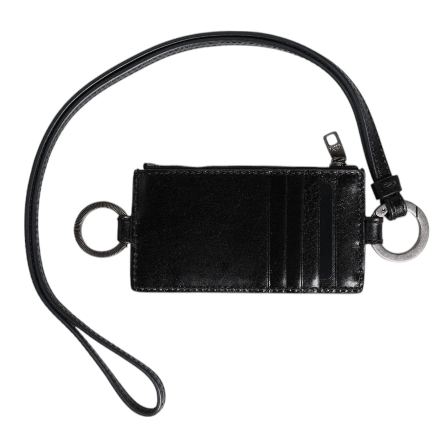 Dolce & Gabbana Black Leather Logo Embossed Lanyard Card Holder Wallet