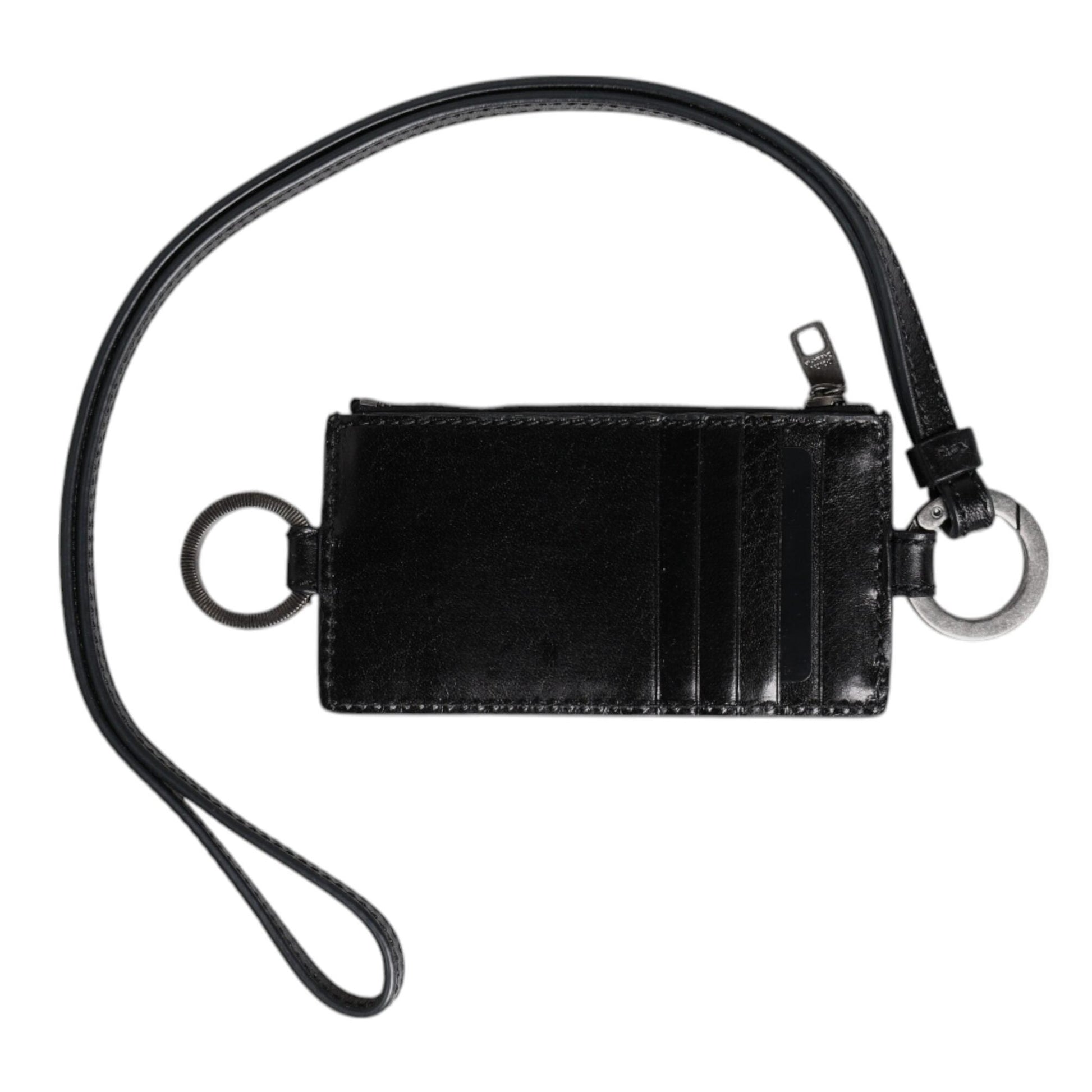 Dolce & Gabbana Black Leather Logo Embossed Lanyard Card Holder Wallet