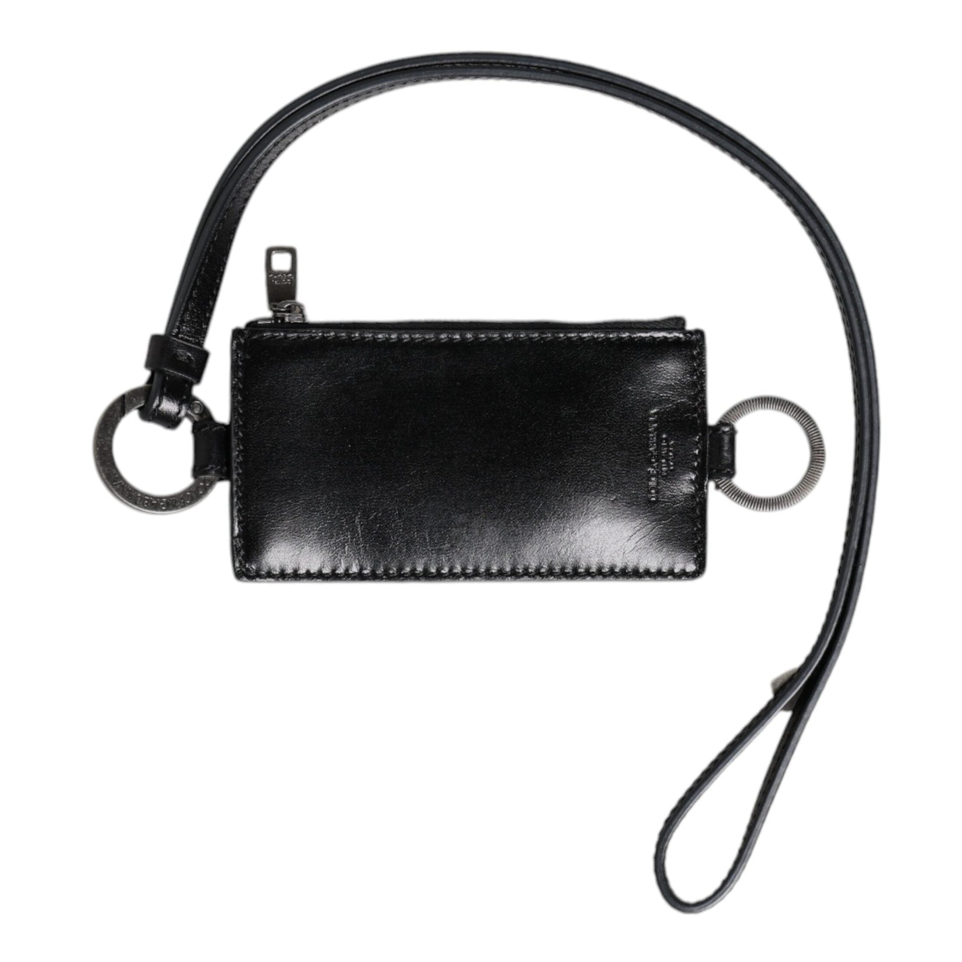 Dolce & Gabbana Black Leather Logo Embossed Lanyard Card Holder Wallet
