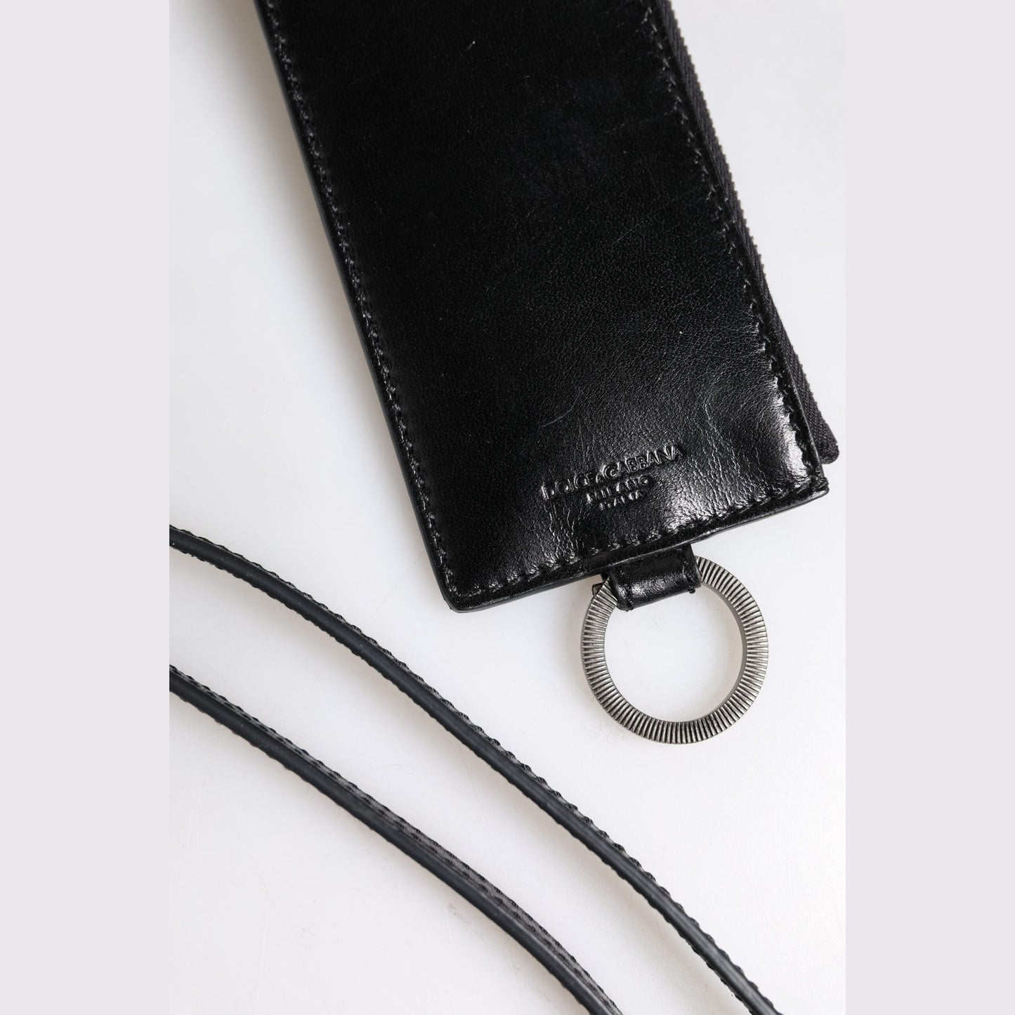 Dolce & Gabbana Black Leather Logo Embossed Lanyard Card Holder Wallet