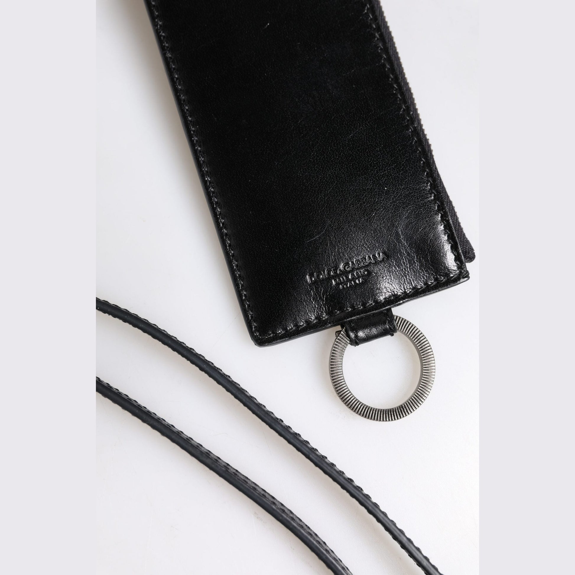 Dolce & Gabbana Black Leather Logo Embossed Lanyard Card Holder Wallet