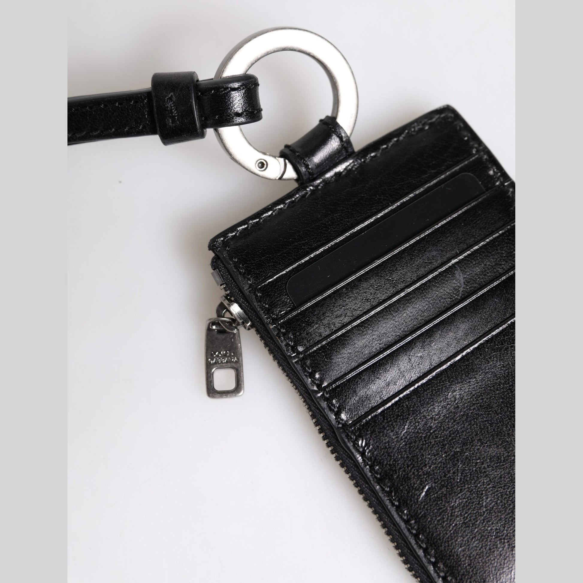 Dolce & Gabbana Black Leather Logo Embossed Lanyard Card Holder Wallet