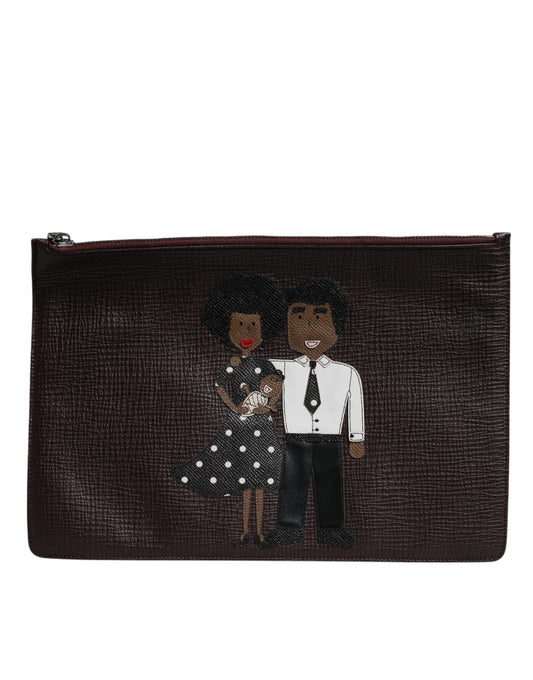 Dolce & Gabbana Brown Leather #DGFAMILY Embellished Men Clutch Pouch Bag Dolce & Gabbana