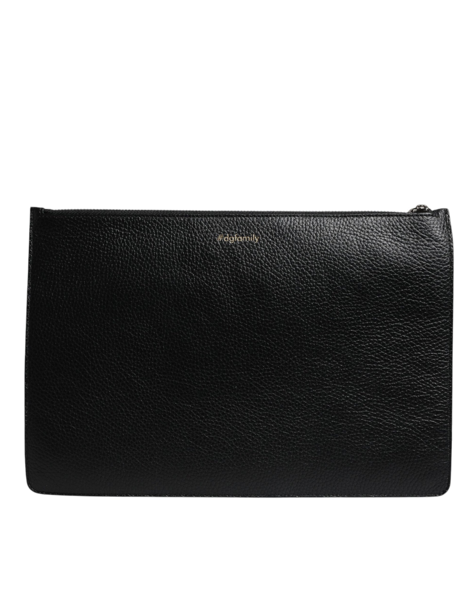 Dolce & Gabbana Black Leather #DGFAMILY Embellished Men Zip Pouch Bag Dolce & Gabbana