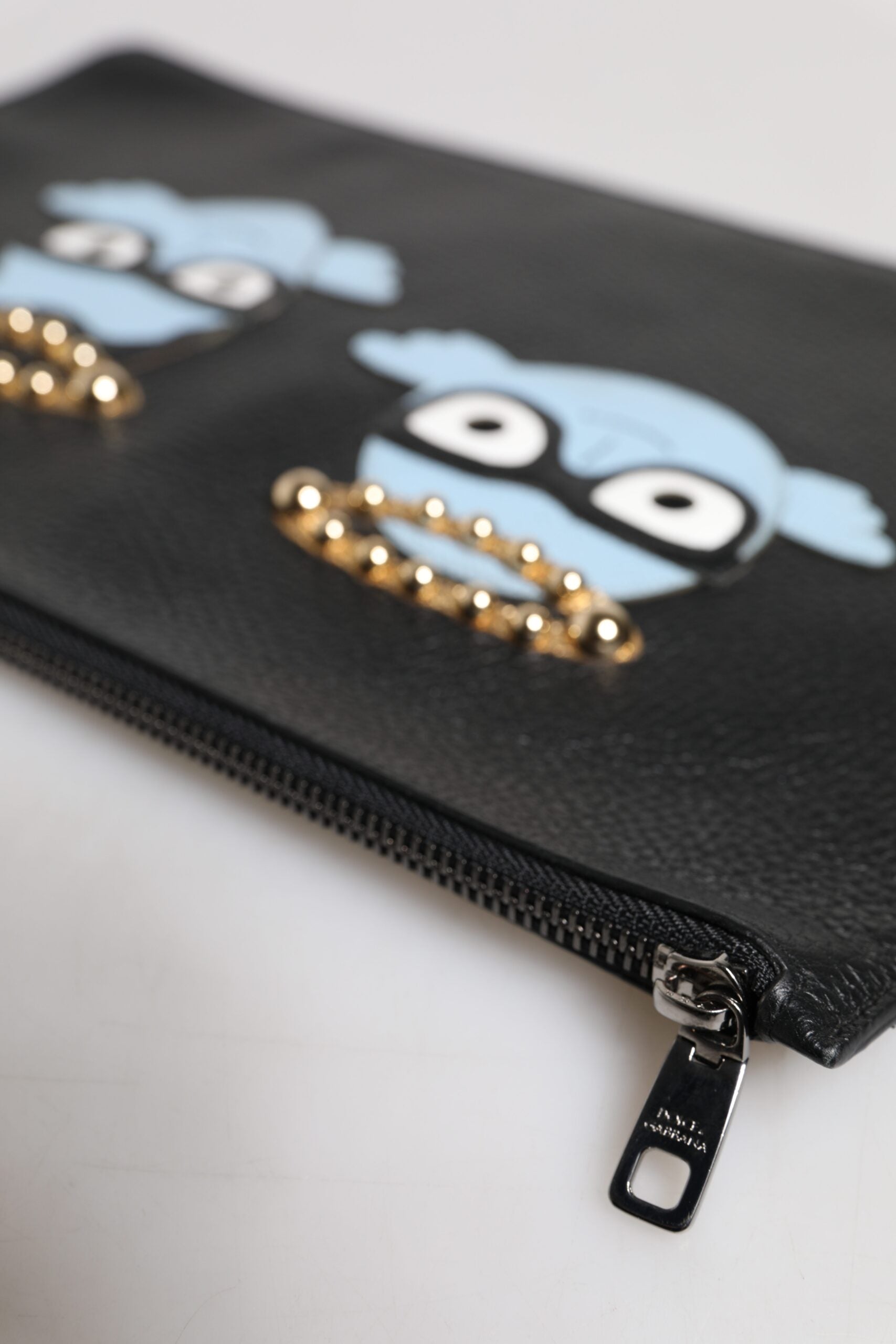 Dolce & Gabbana Black Leather #DGFAMILY Embellished Men Zip Pouch Bag Dolce & Gabbana