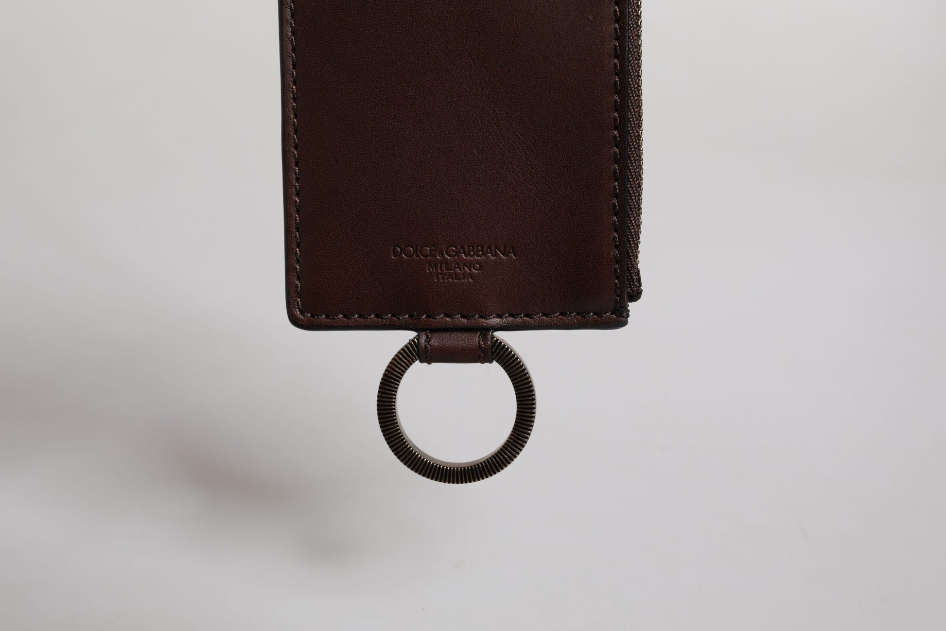 Dolce & Gabbana Brown Calf Leather Lanyard Logo Card Holder Wallet