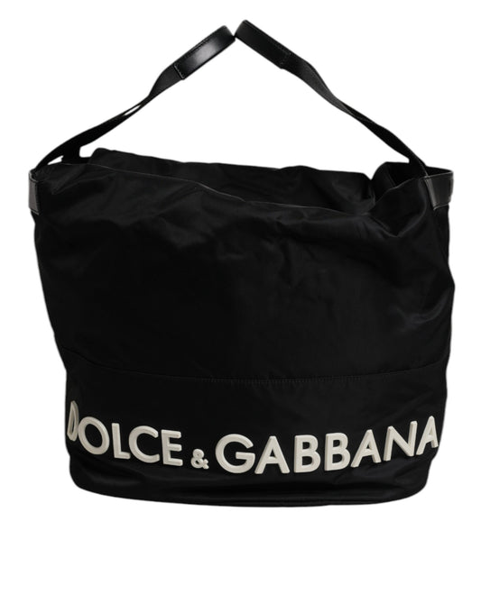 Dolce & Gabbana Black Nylon White Iconic Logo Shoulder Bucket Bag Dolce & Gabbana