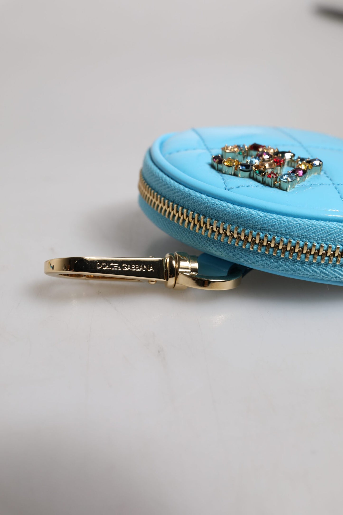 Dolce & Gabbana Light Blue Lamb Leather DG Crystal Round Coin Purse Wallet Dolce & Gabbana