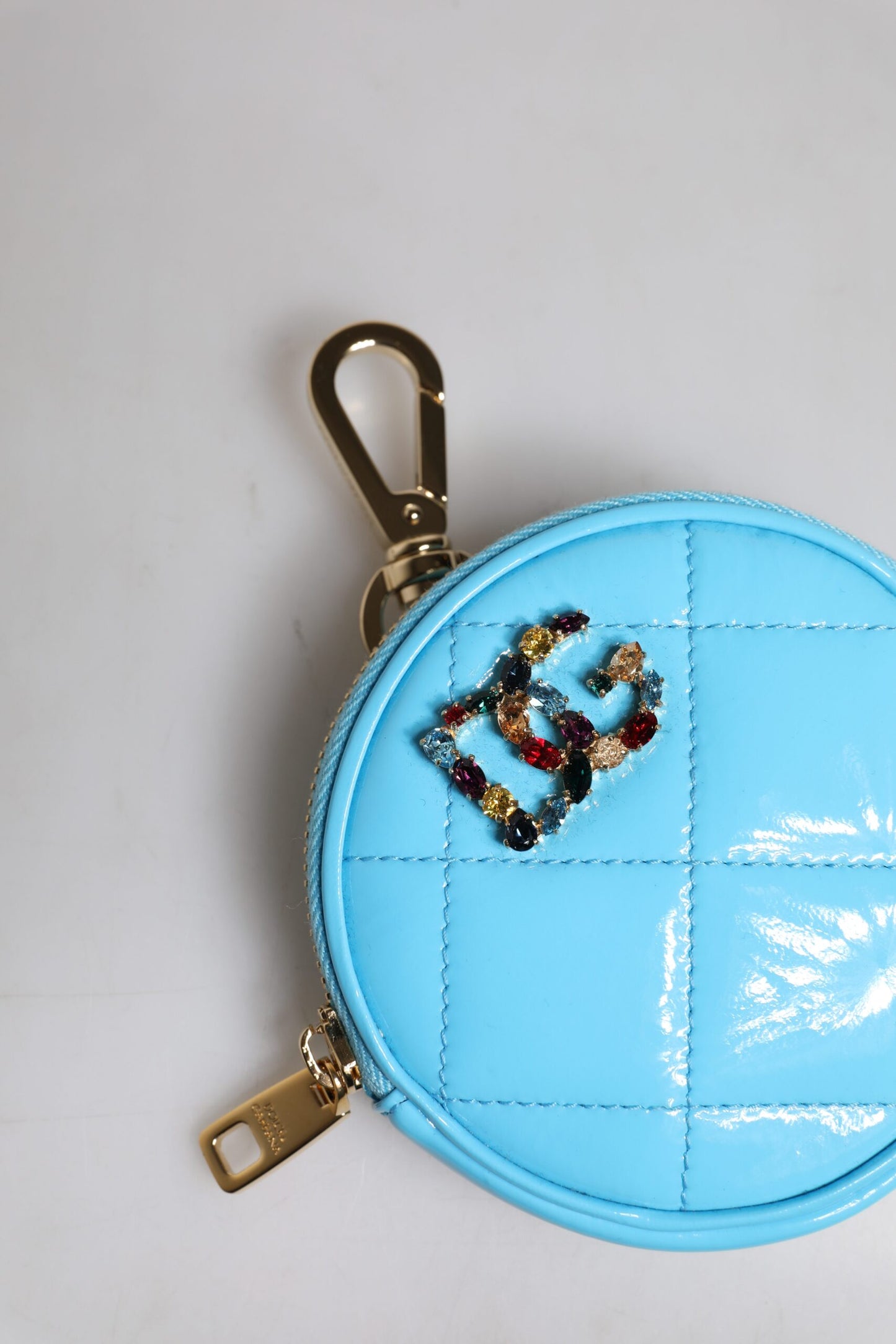 Dolce & Gabbana Light Blue Lamb Leather DG Crystal Round Coin Purse Wallet Dolce & Gabbana