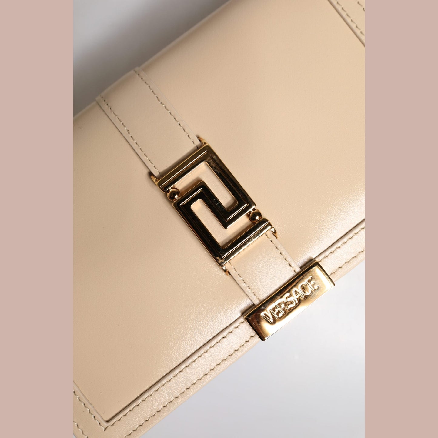 Versace Beige Gold Chain Calf Leather Wallet Crossbody Bag Versace