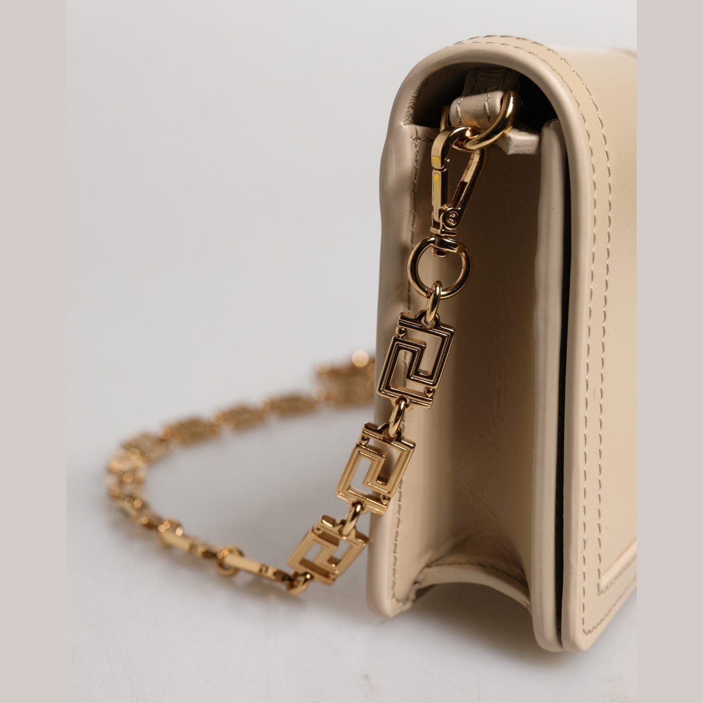 Versace Beige Gold Chain Calf Leather Wallet Crossbody Bag Versace