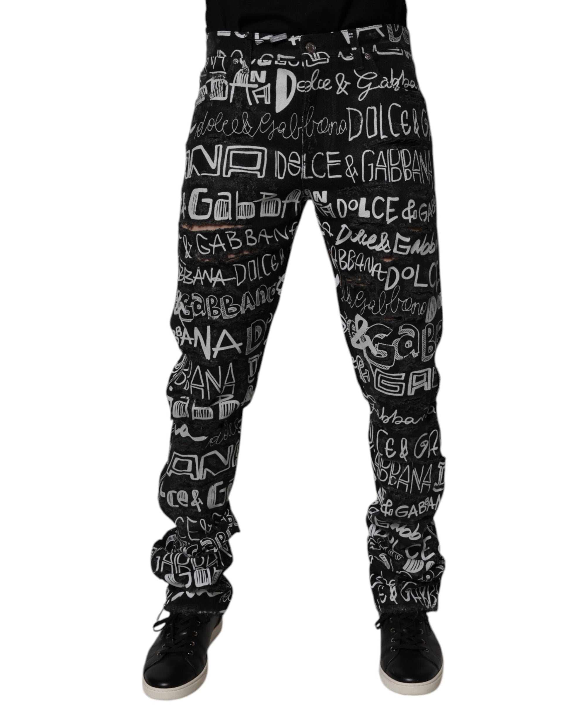 Dolce & Gabbana Black Cotton Logo Print Straight Denim Jeans Dolce & Gabbana