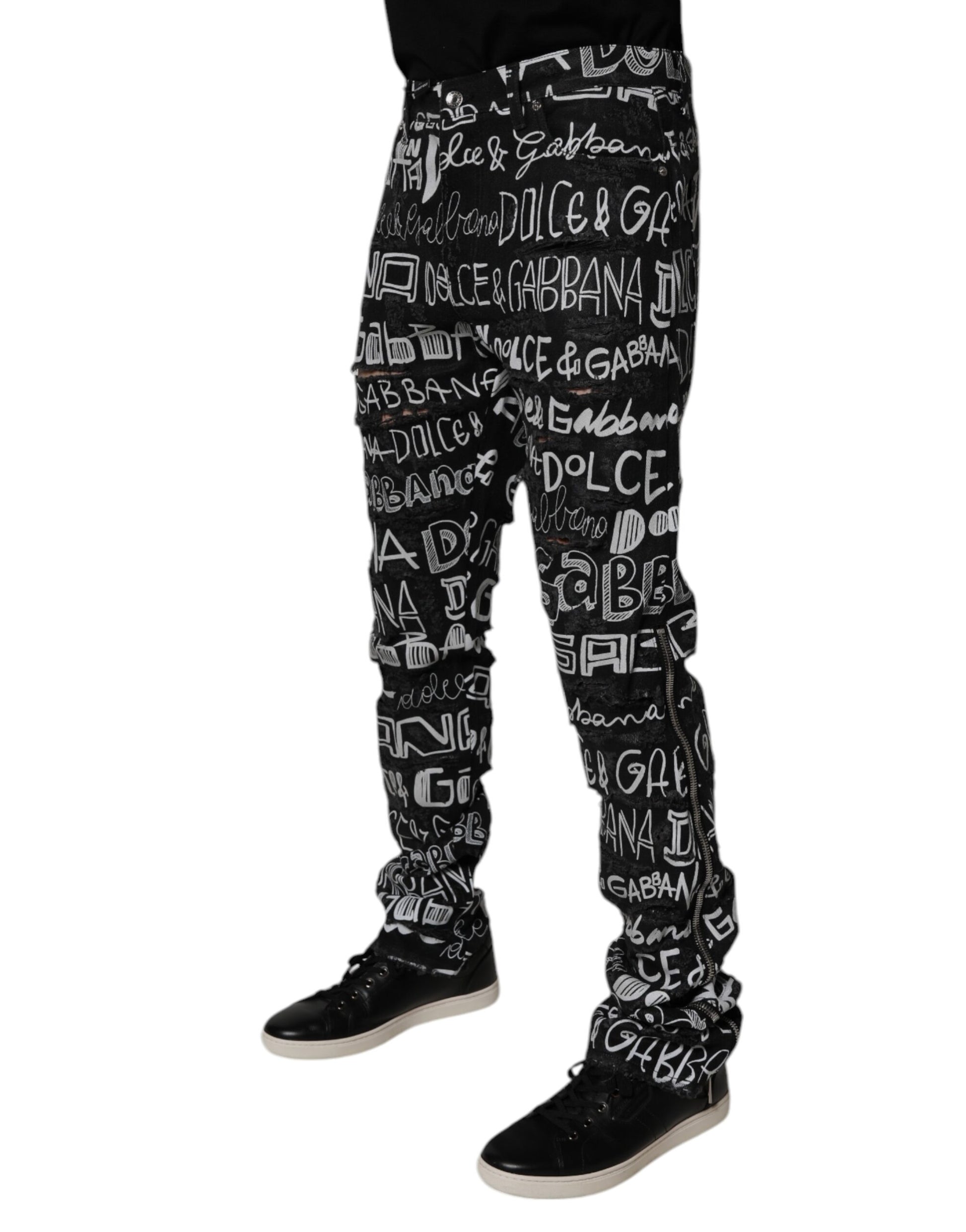 Dolce & Gabbana Black Cotton Logo Print Straight Denim Jeans Dolce & Gabbana