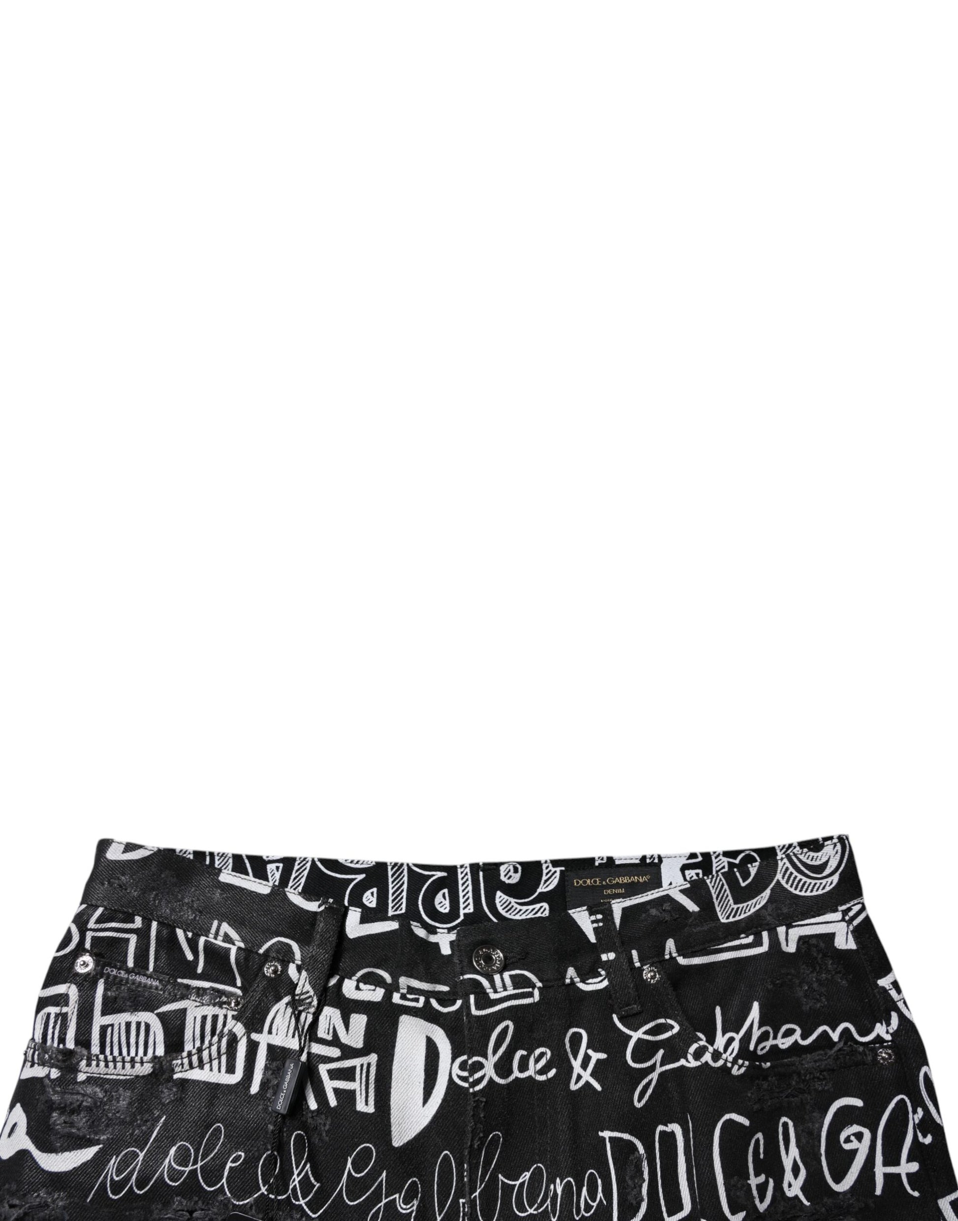Dolce & Gabbana Black Cotton Logo Print Straight Denim Jeans Dolce & Gabbana