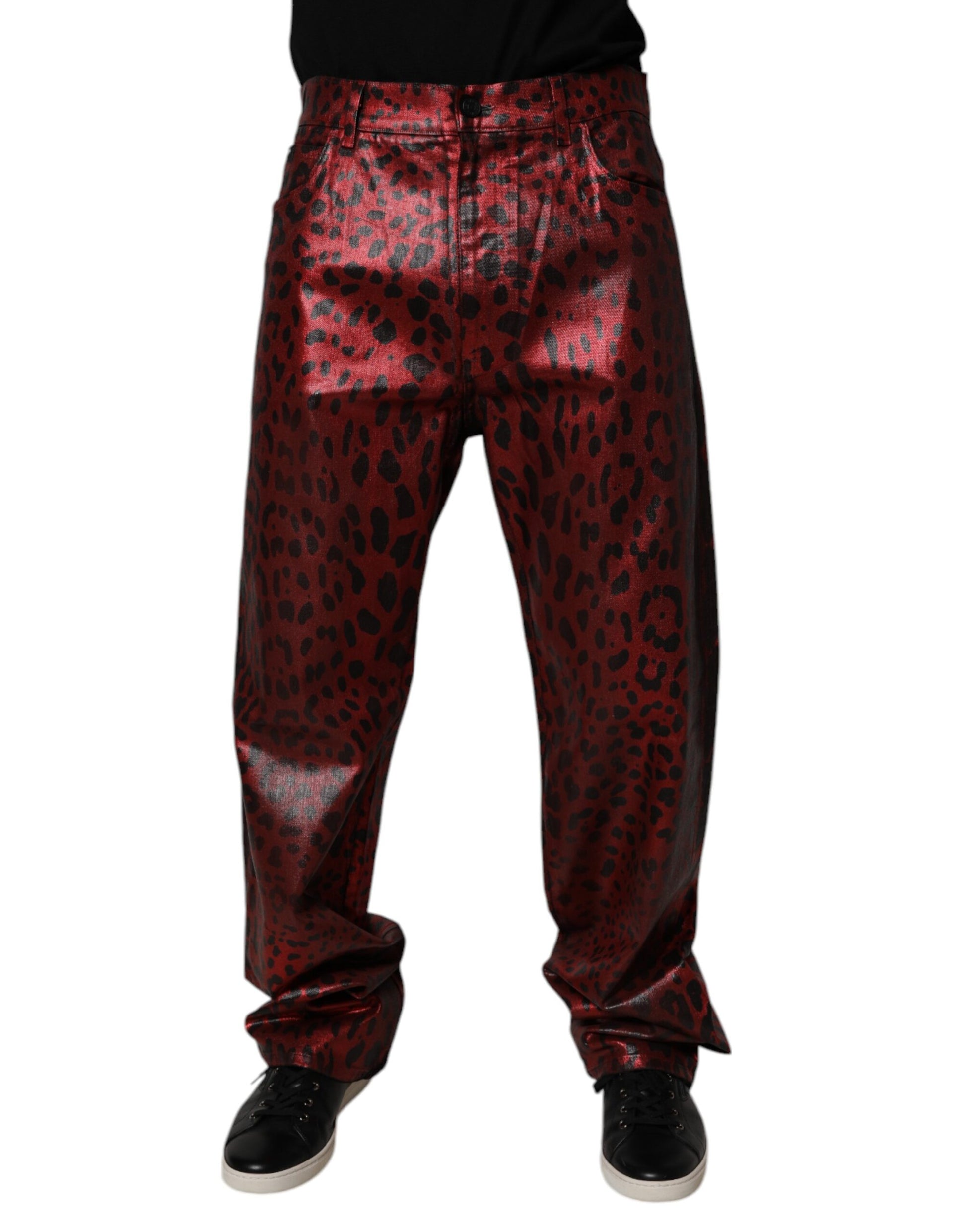 Dolce & Gabbana Red Leopard Cotton Straight Men Denim Jeans Dolce & Gabbana