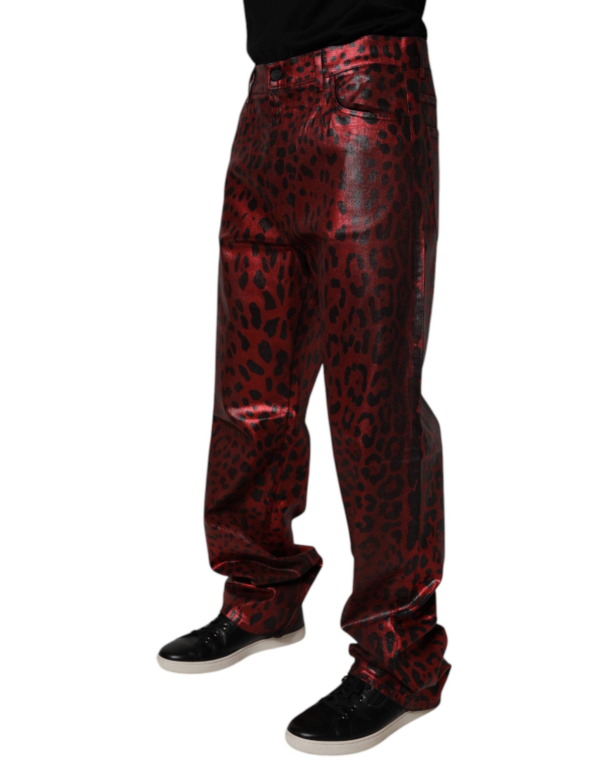 Dolce & Gabbana Red Leopard Cotton Straight Men Denim Jeans Dolce & Gabbana