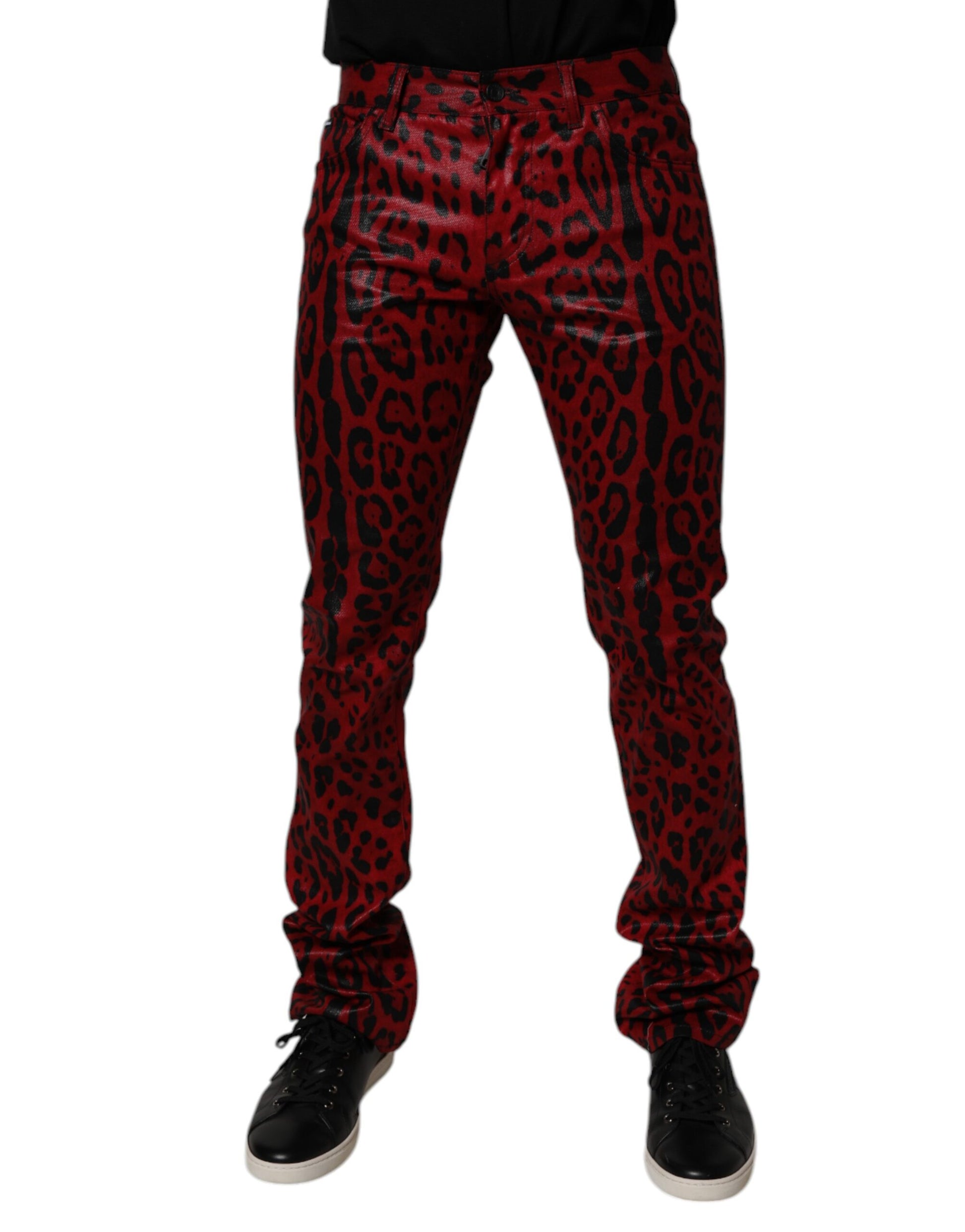 Dolce & Gabbana Red Leopard Cotton Slim Fit Denim Jeans Dolce & Gabbana