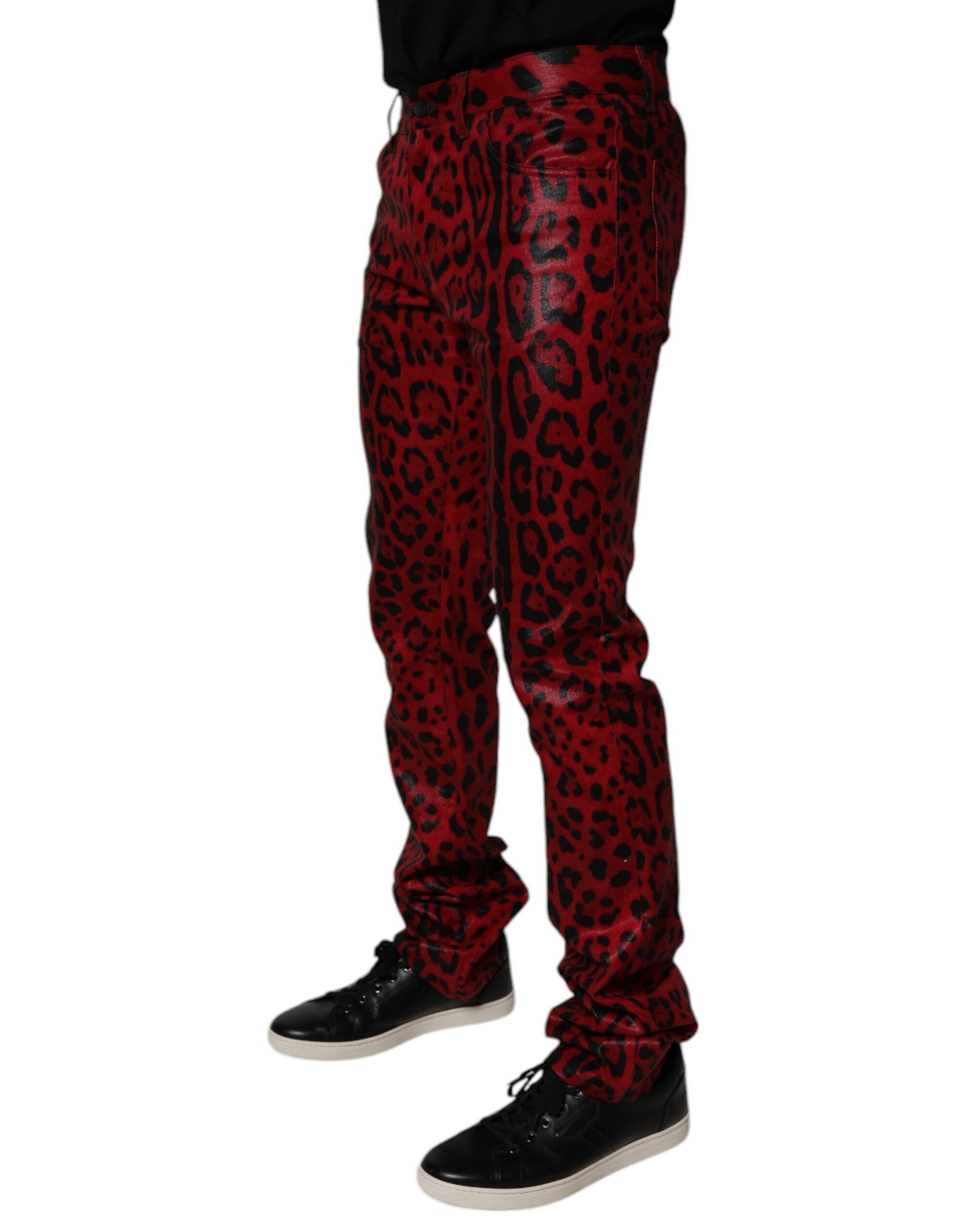 Dolce & Gabbana Red Leopard Cotton Slim Fit Denim Jeans Dolce & Gabbana