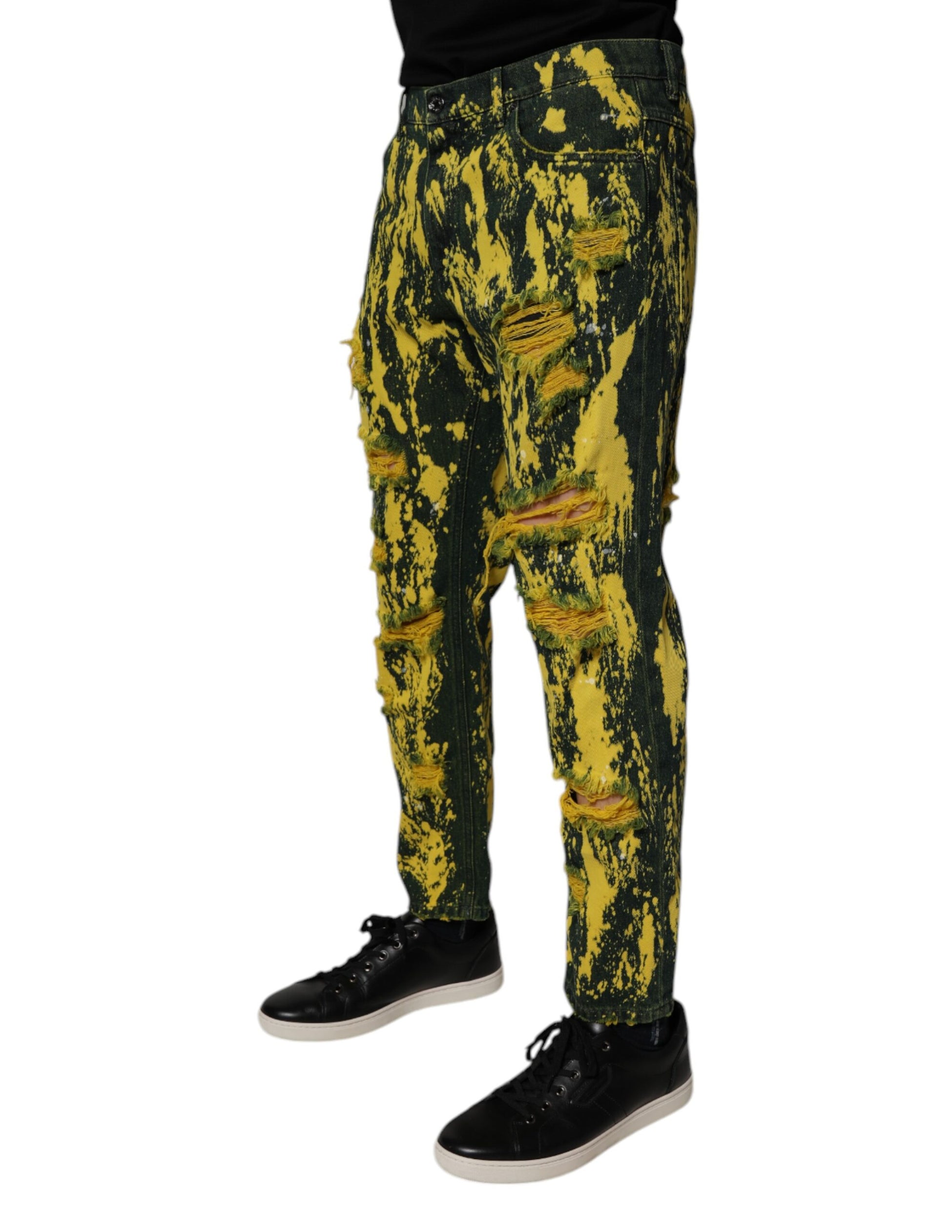 Dolce & Gabbana Black Yellow Tie Dye Tattered Skinny Men Denim Jeans Dolce & Gabbana