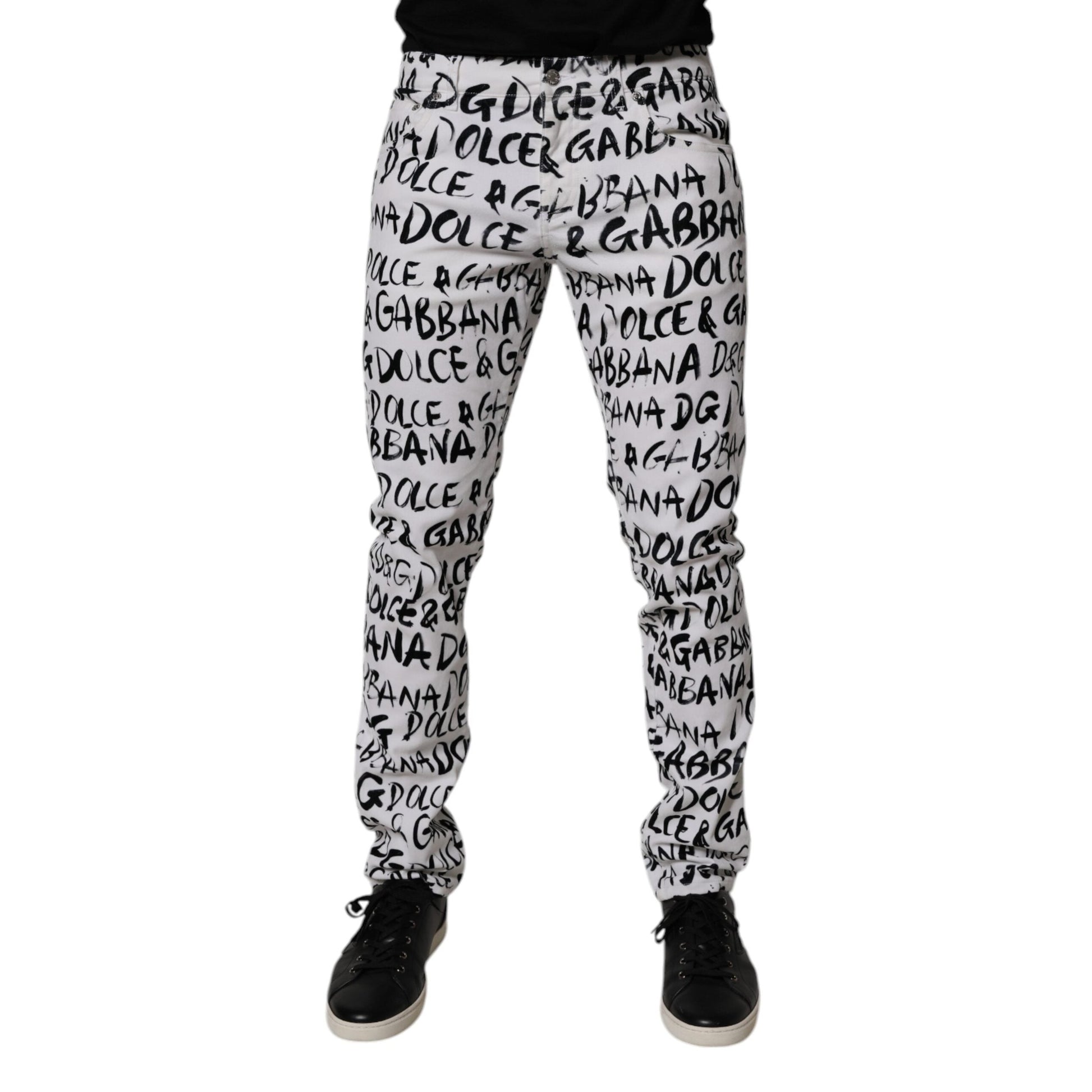 Dolce & Gabbana White Cotton Logo Print Skinny Denim Jeans Dolce & Gabbana
