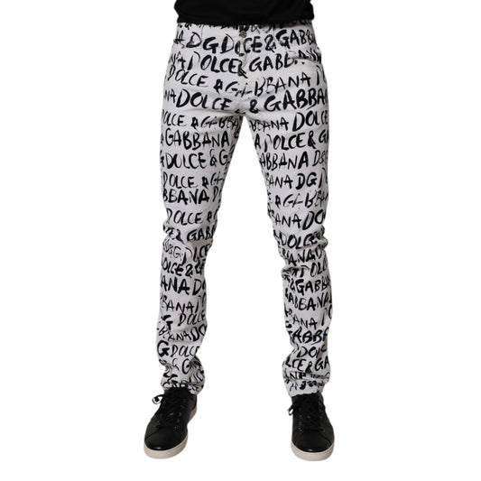 Dolce & Gabbana White Cotton Logo Print Skinny Denim Jeans Dolce & Gabbana