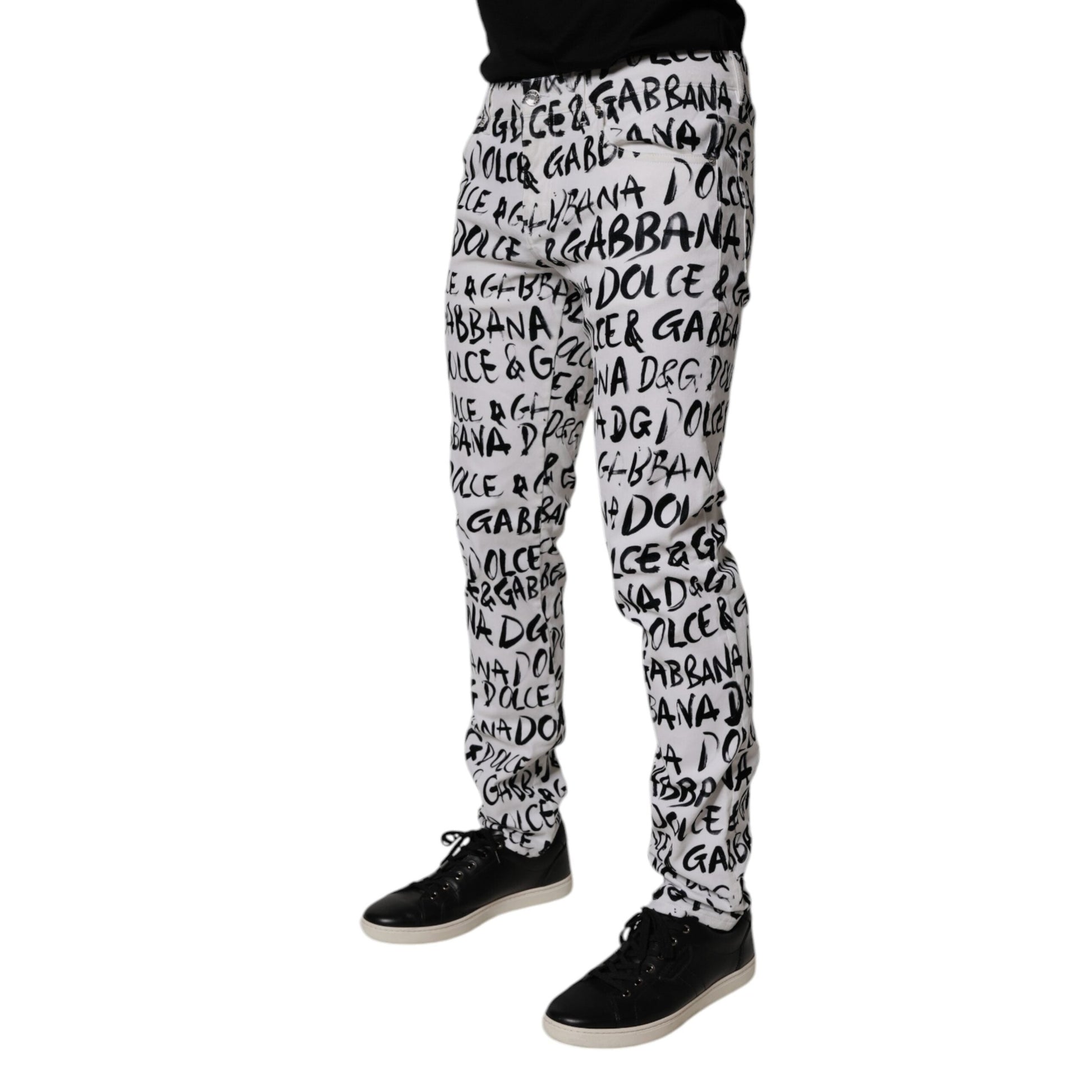 Dolce & Gabbana White Cotton Logo Print Skinny Denim Jeans Dolce & Gabbana