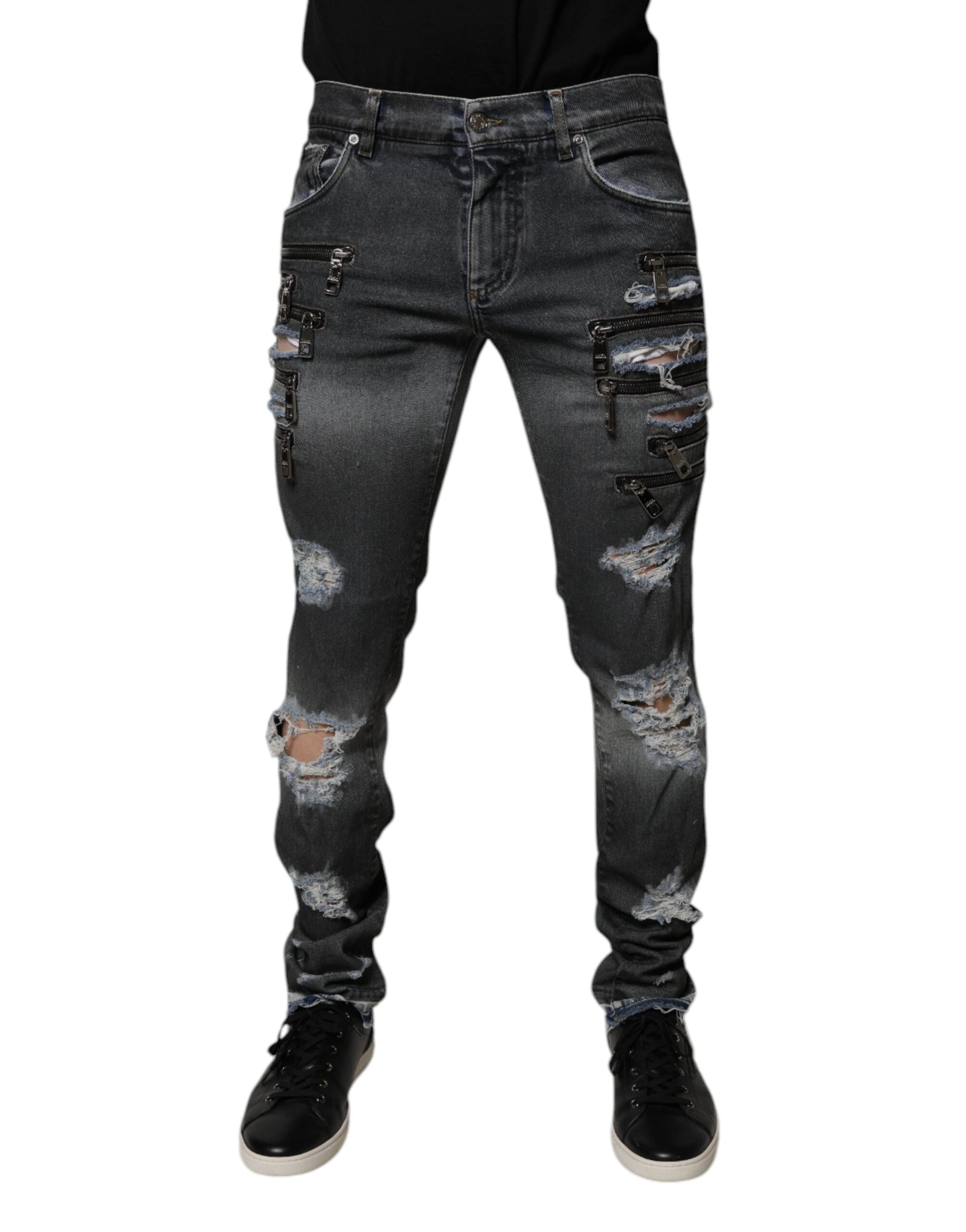 Dolce & Gabbana Dark Gray Tattered Cotton Skinny Denim Jeans Dolce & Gabbana