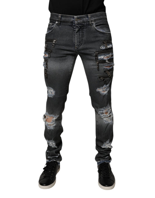 Dolce & Gabbana Dark Gray Tattered Cotton Skinny Denim Jeans Dolce & Gabbana