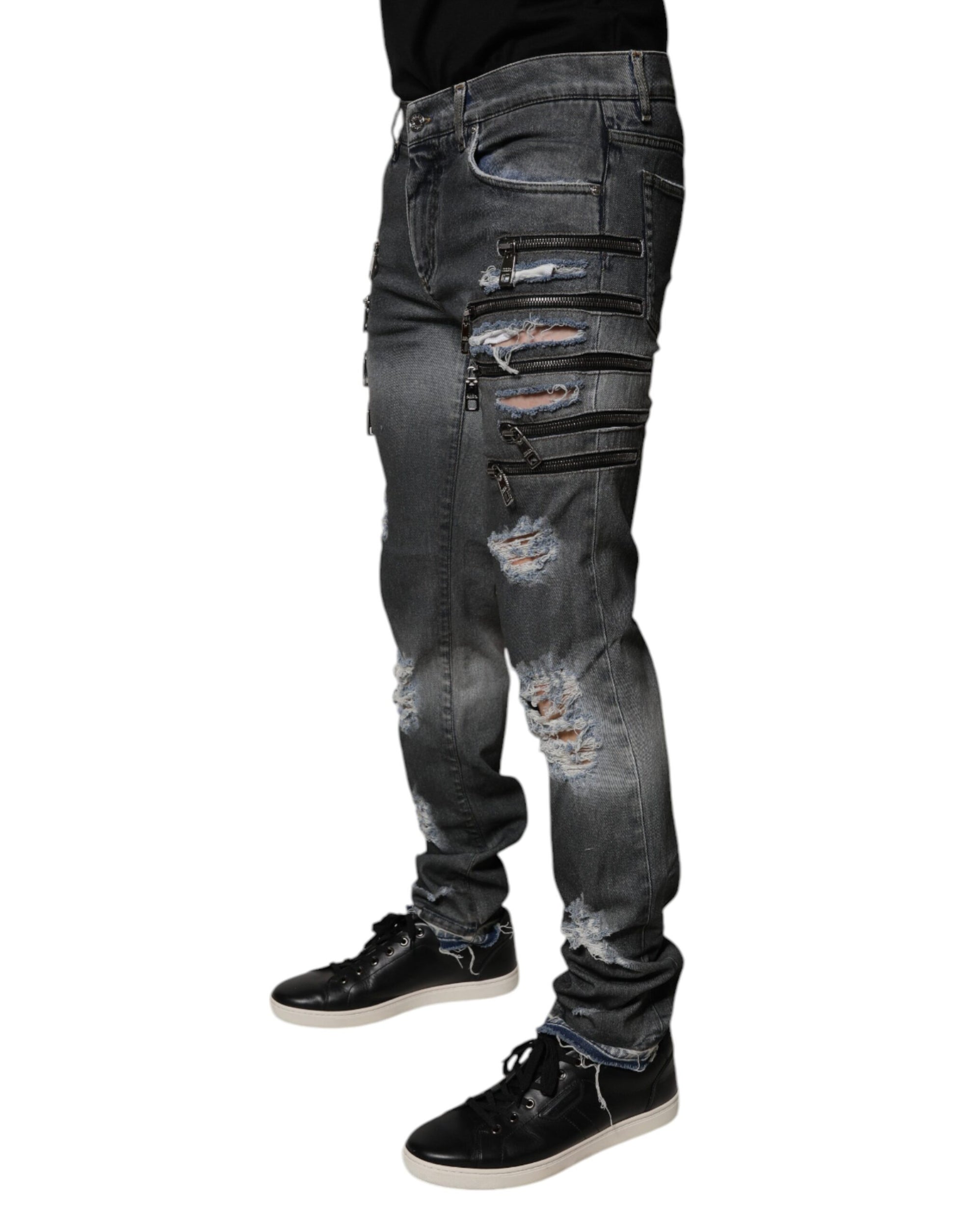 Dolce & Gabbana Dark Gray Tattered Cotton Skinny Denim Jeans Dolce & Gabbana