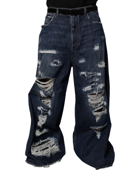 Dolce & Gabbana Dark Blue Tattered Wide Leg Men Denim Jeans Dolce & Gabbana