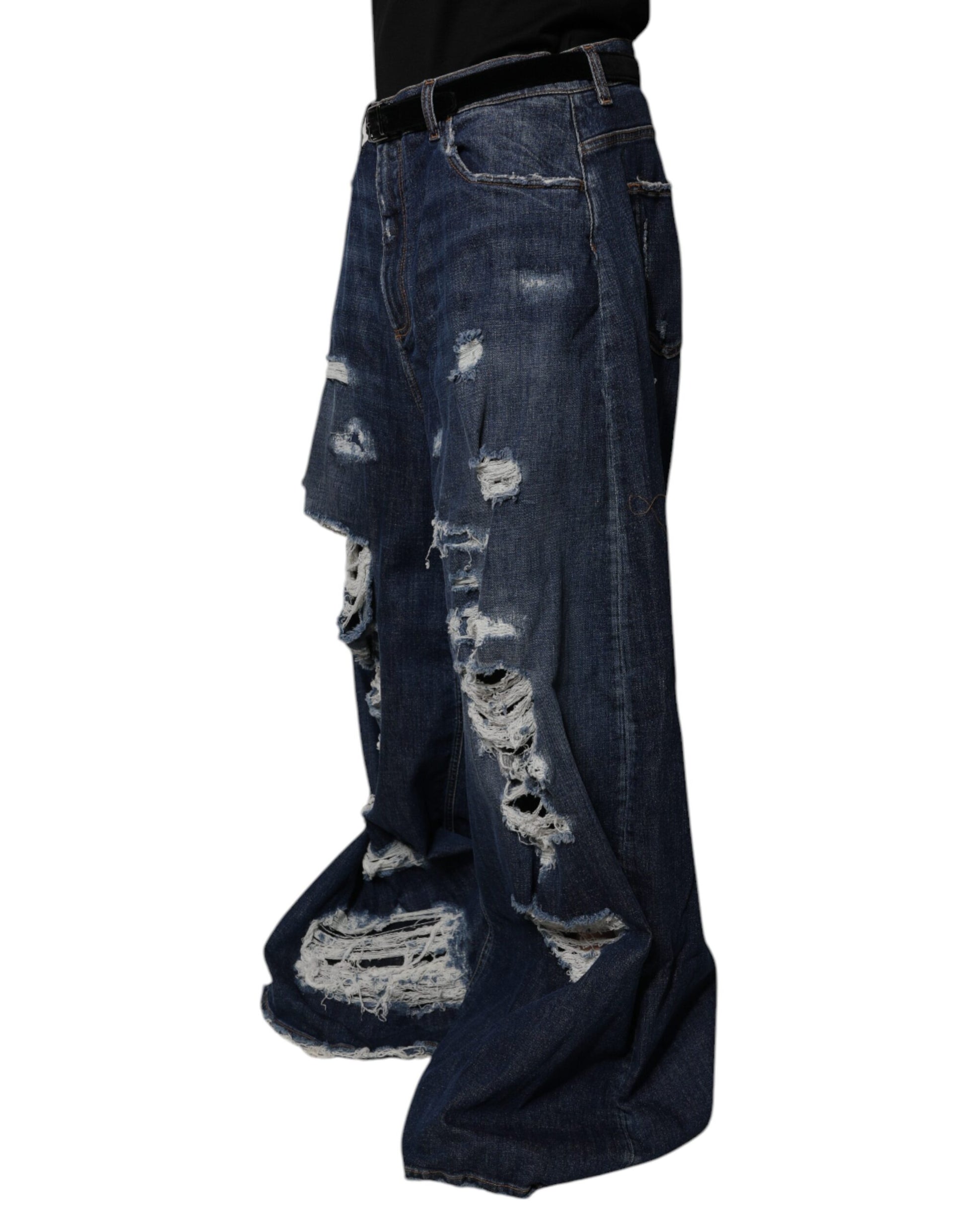 Dolce & Gabbana Dark Blue Tattered Wide Leg Men Denim Jeans Dolce & Gabbana