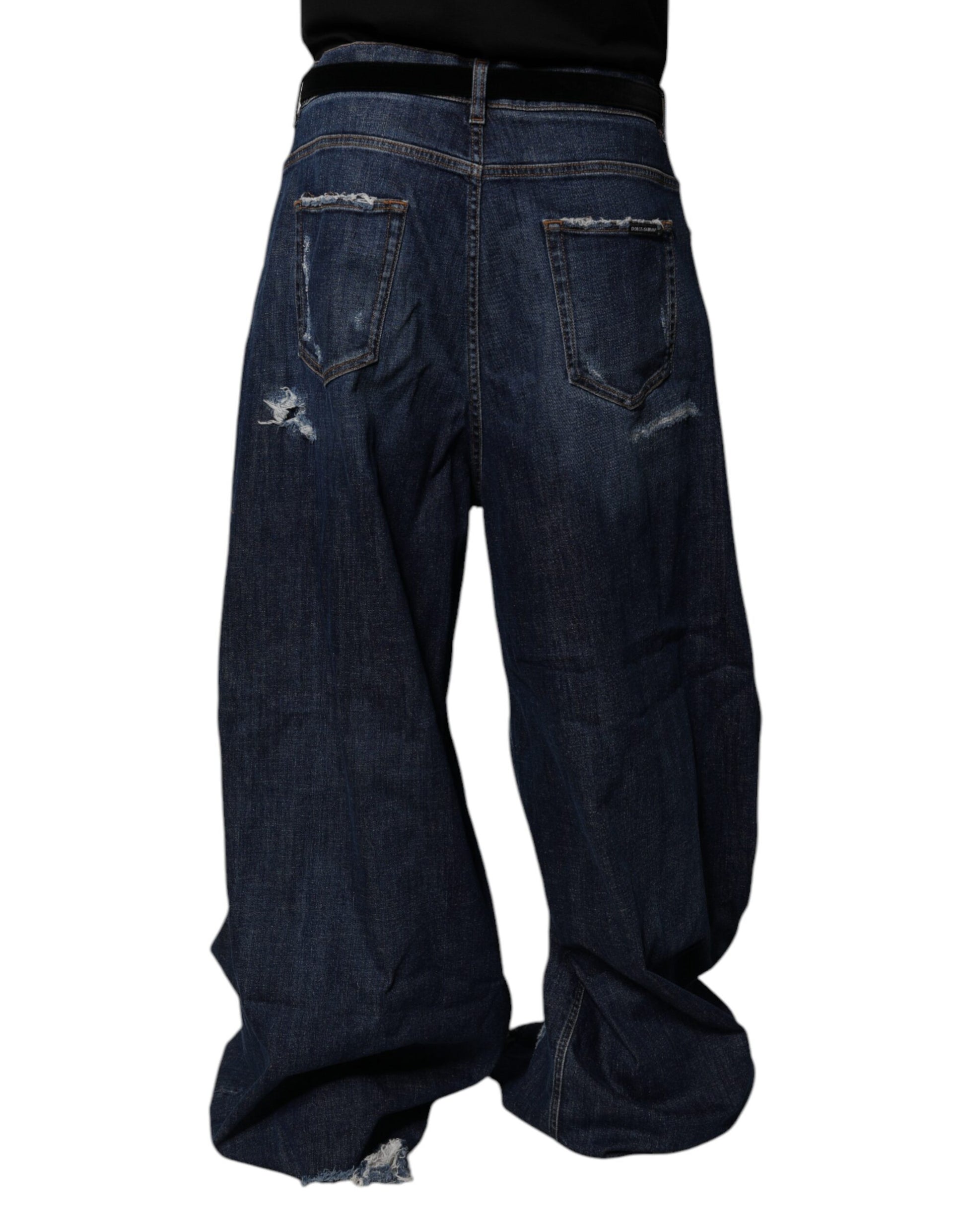 Dolce & Gabbana Dark Blue Tattered Wide Leg Men Denim Jeans Dolce & Gabbana
