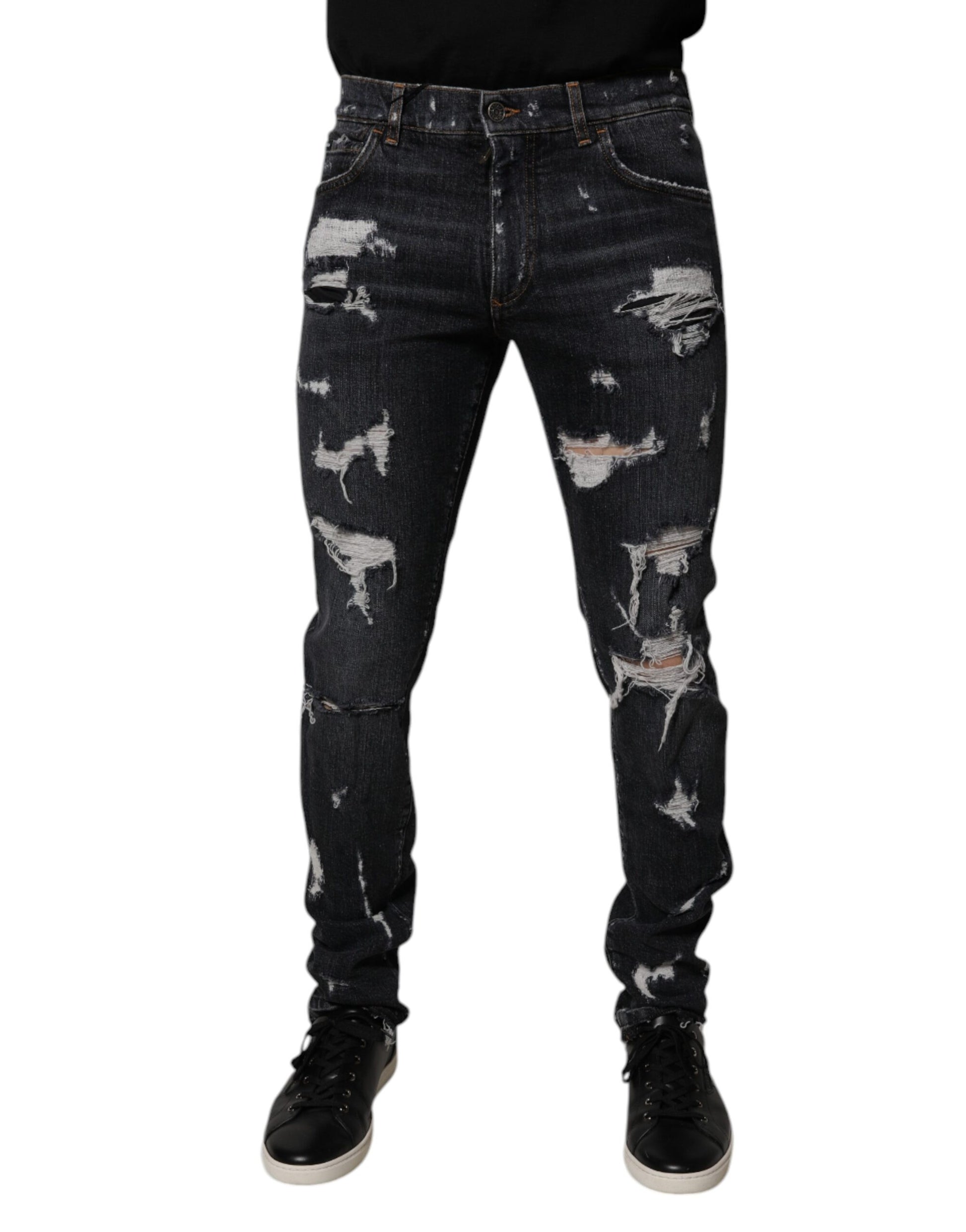 Dolce & Gabbana Black Tattered Cotton Skinny Men Denim Jeans Dolce & Gabbana