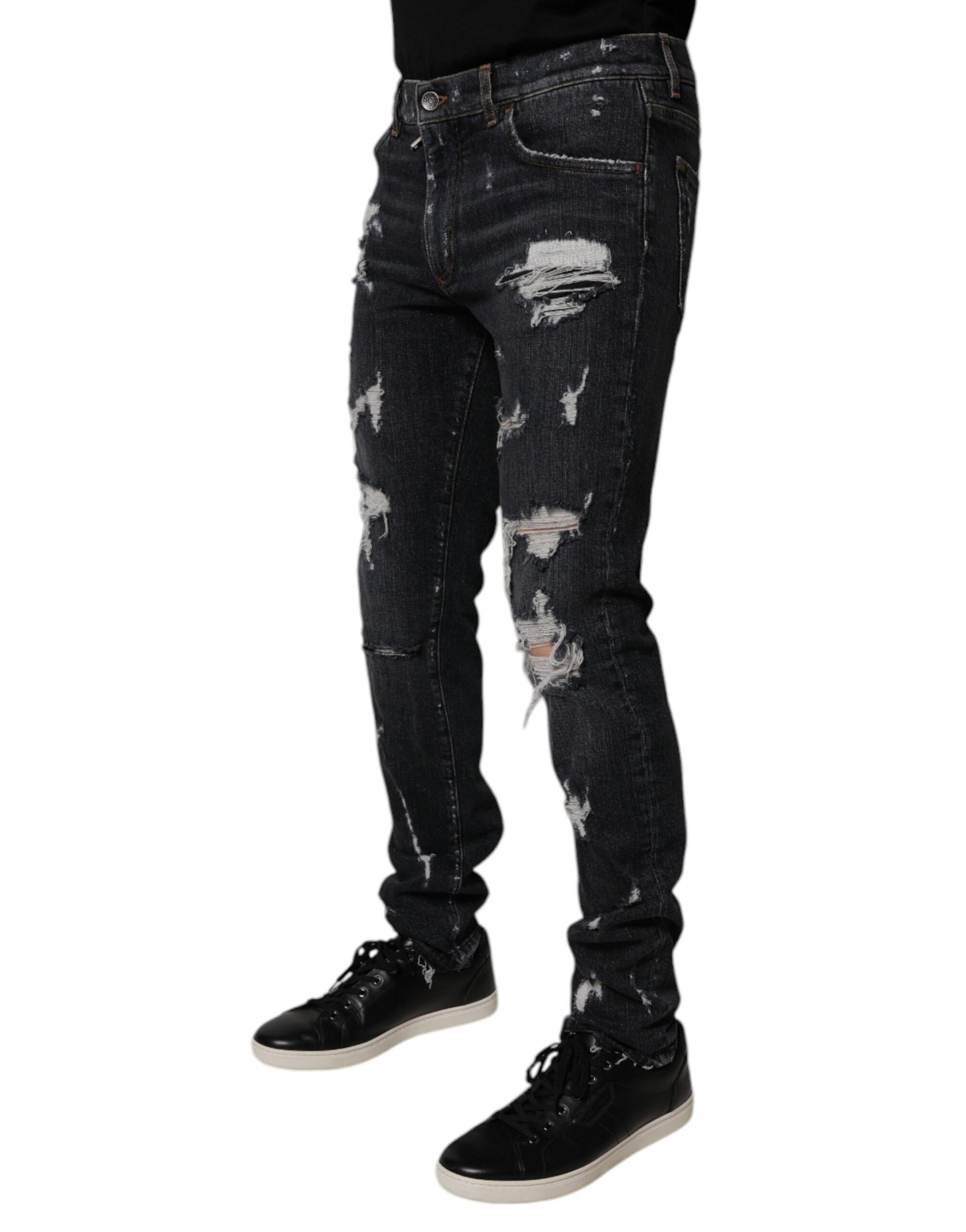 Dolce & Gabbana Black Tattered Cotton Skinny Men Denim Jeans Dolce & Gabbana