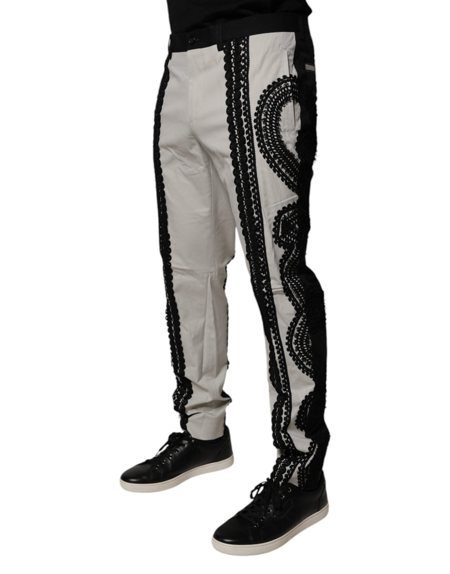 Dolce & Gabbana White Lace Trim Mid Waist Dress Formal Pants Dolce & Gabbana