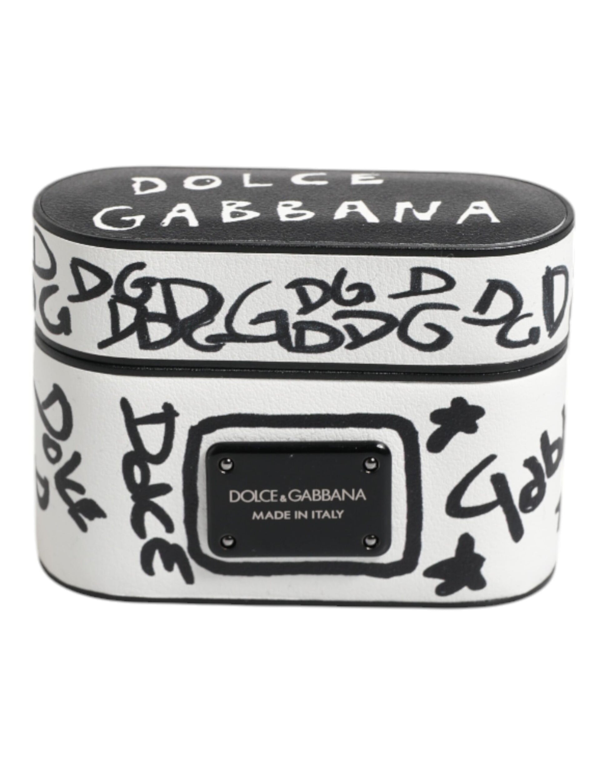 Dolce & Gabbana Black White Leather Scribble Embossed Logo Airpods Case Dolce & Gabbana