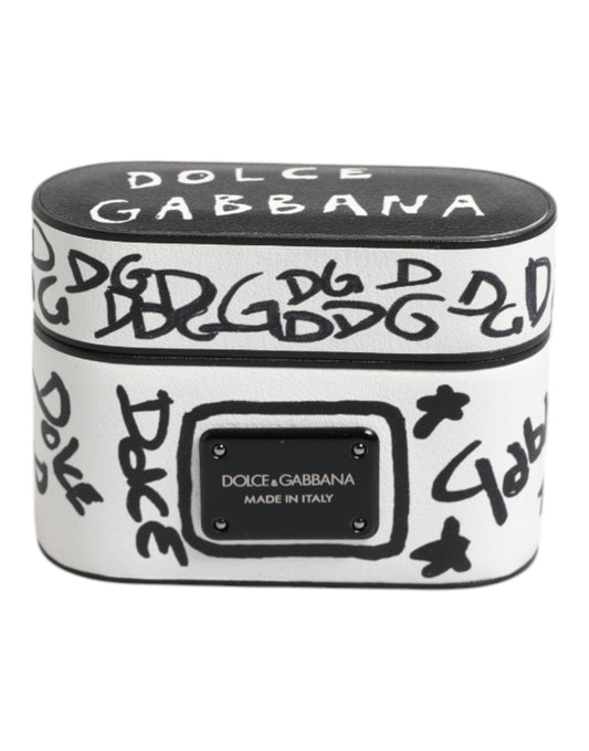 Dolce & Gabbana Black White Leather Scribble Embossed Logo Airpods Case Dolce & Gabbana