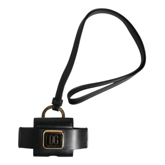 Dolce & Gabbana Black Leather Strap Gold Metal Logo Plaque Airpods Case Dolce & Gabbana