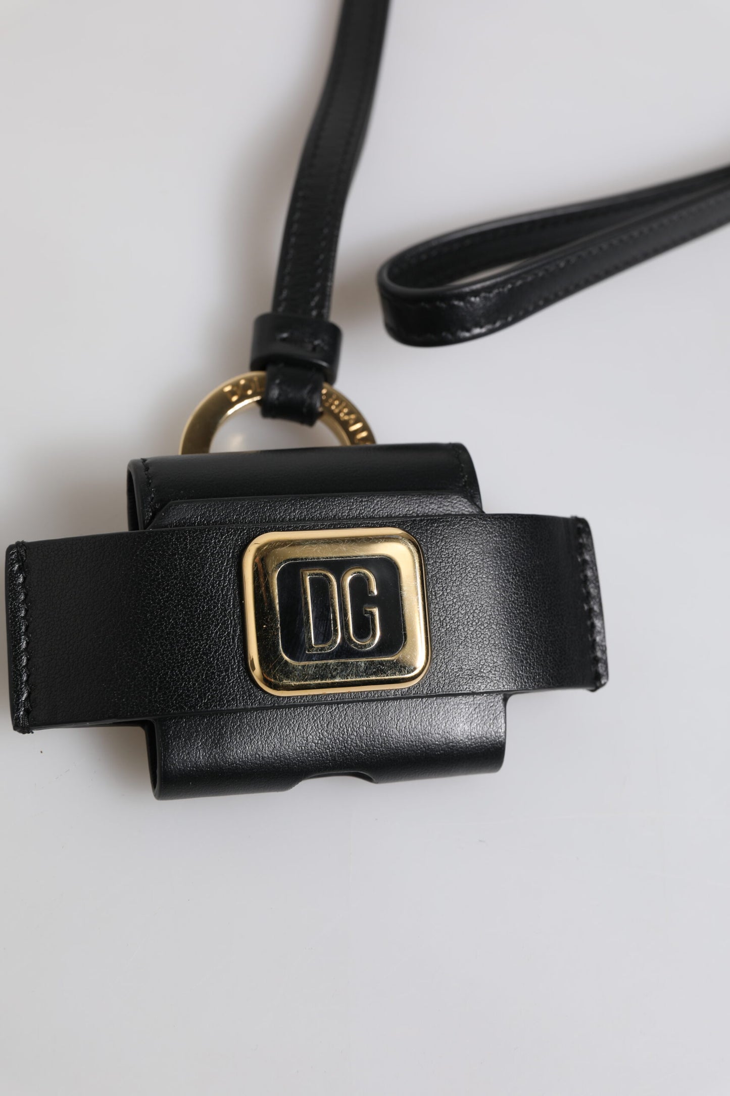 Dolce & Gabbana Black Leather Strap Gold Metal Logo Plaque Airpods Case Dolce & Gabbana
