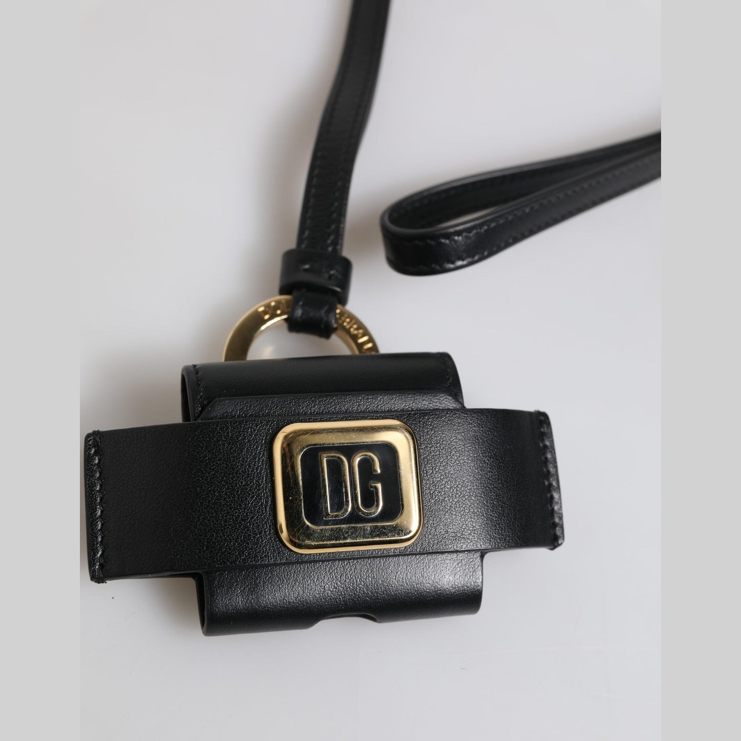 Dolce & Gabbana Black Leather Strap Gold Metal Logo Plaque Airpods Case Dolce & Gabbana