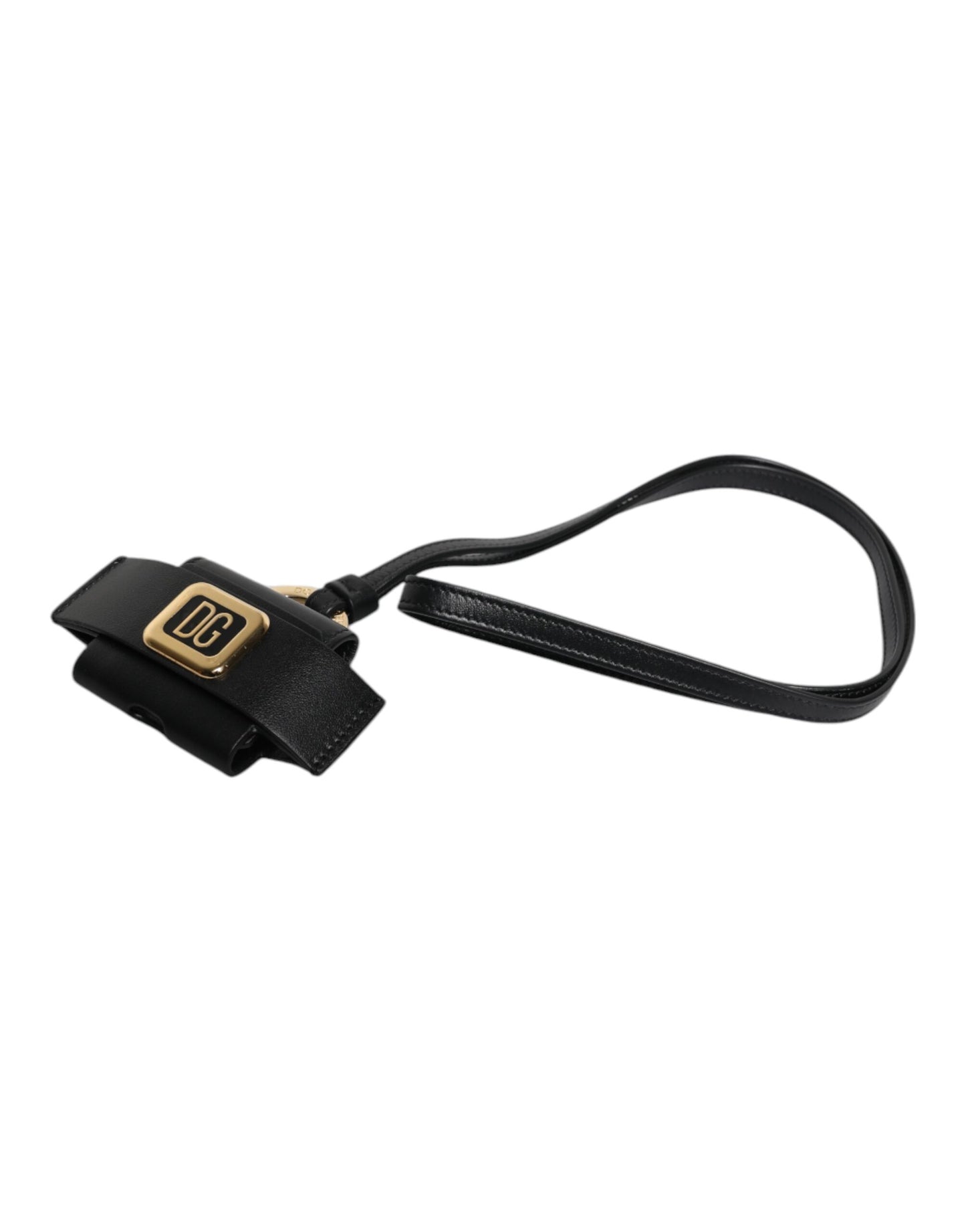Dolce & Gabbana Black Leather Strap Gold Metal Logo Plaque Airpods Case Dolce & Gabbana