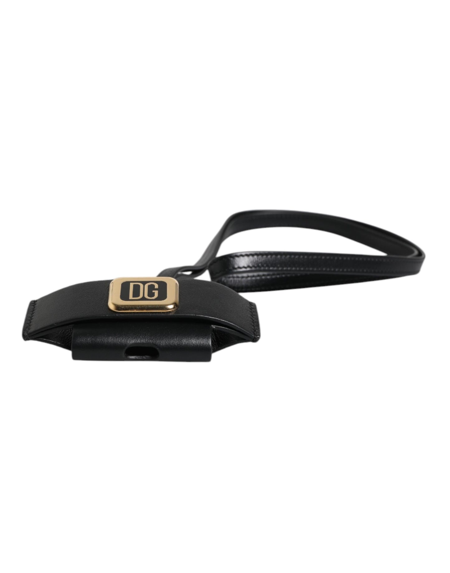 Dolce & Gabbana Black Leather Strap Gold Metal Logo Plaque Airpods Case Dolce & Gabbana