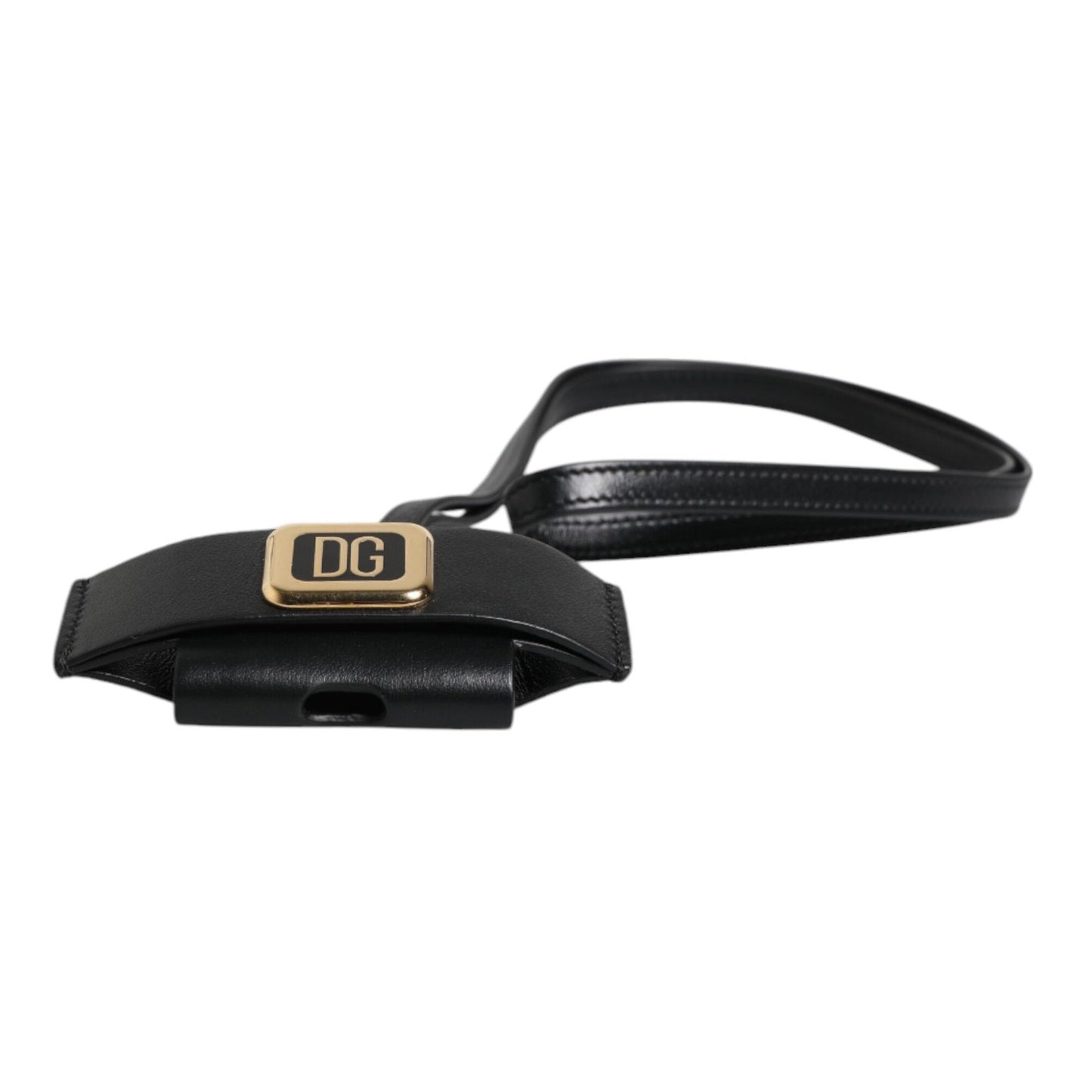 Dolce & Gabbana Black Leather Strap Gold Metal Logo Plaque Airpods Case Dolce & Gabbana
